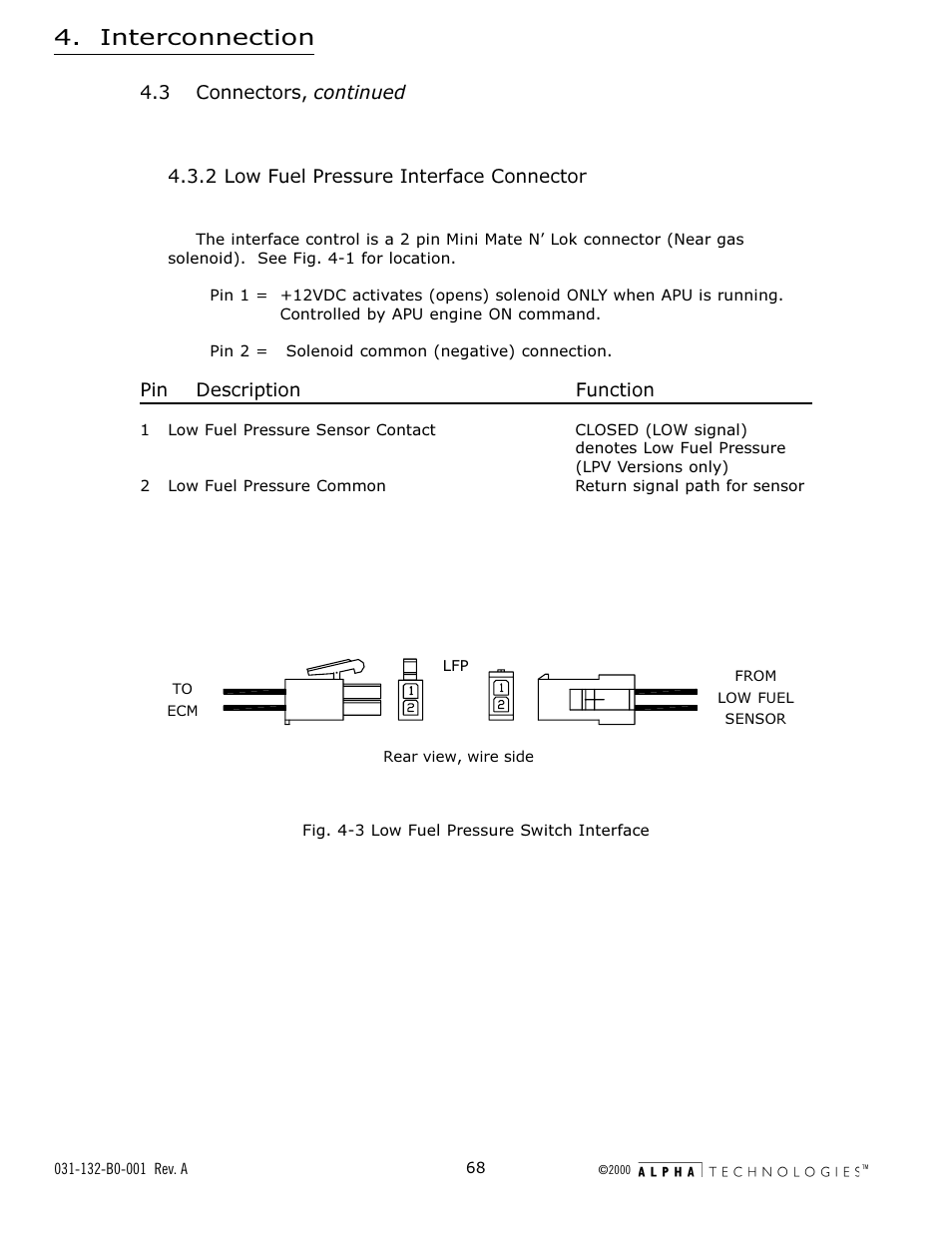 2 low fuel pressure interface connector, Fig. 4-3 low fuel pressure switch interface, Low fuel pressure interface connector | Fig. 4-3, Low fuel pressure switch interface, Interconnection | Alpha Technologies AlphaGen 5.0kW Auxiliary Power Unit User Manual | Page 68 / 88