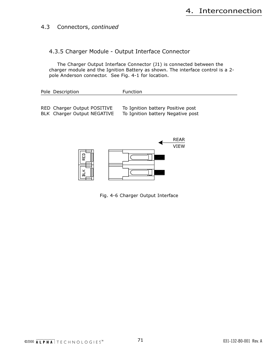5 charger module - output interface connector, Fig. 4-6 charger output interface, Charger module - output interface connector | Fig. 4-6, Charger output interface, Interconnection | Alpha Technologies AlphaGen 5.0kW Auxiliary Power Unit User Manual | Page 71 / 88