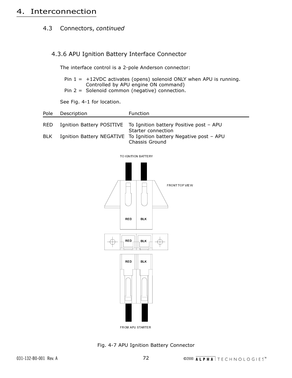 6 apu ignition battery interface connector, Fig. 4-7 apu ignition battery connector, Apu ignition battery interface connector | Fig. 4-7, Apu ignition battery connector, Interconnection, 3 connectors, continued | Alpha Technologies AlphaGen 5.0kW Auxiliary Power Unit User Manual | Page 72 / 88