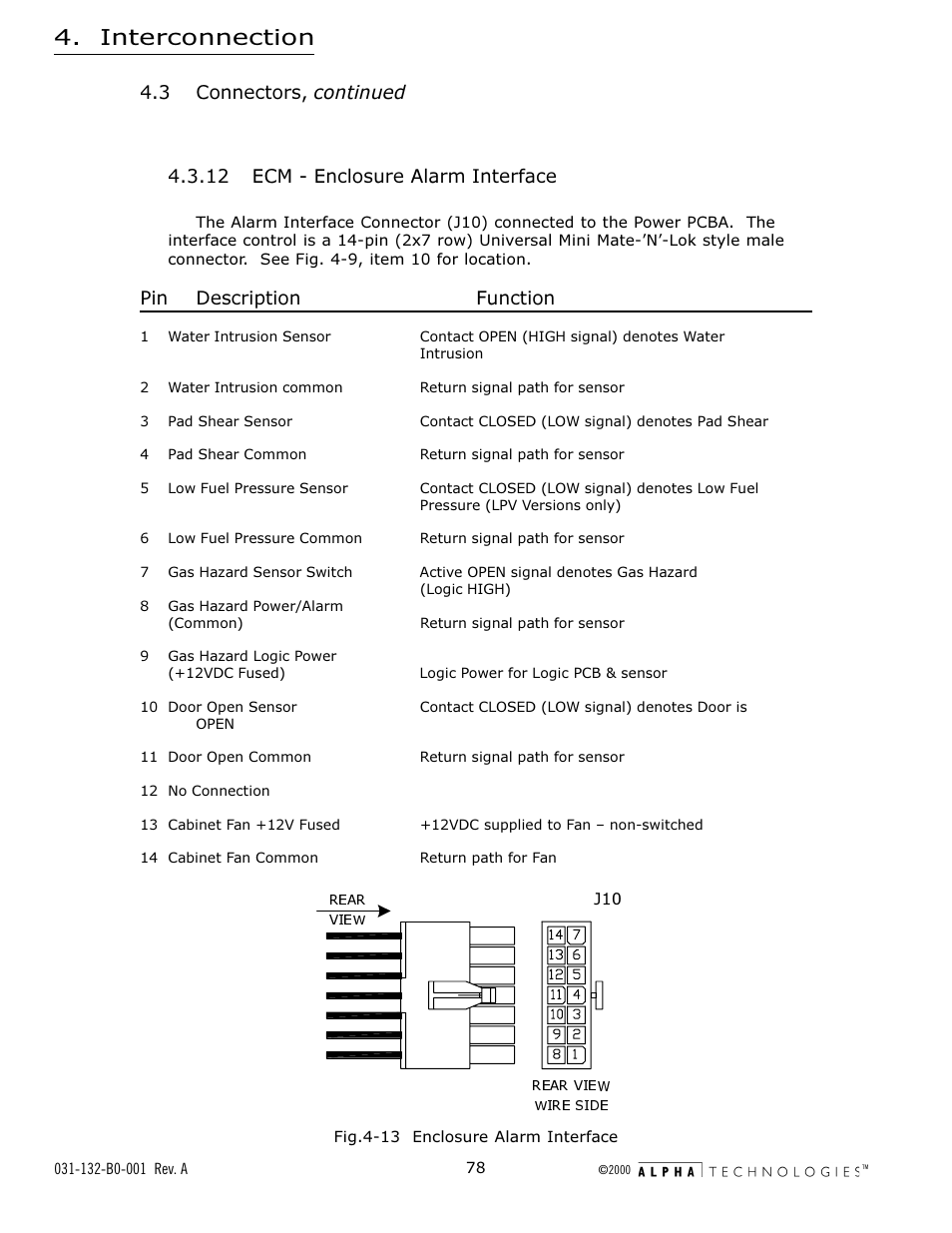 12 ecm - enclosure alarm interface, Fig. 4-13 enclosure alarm interface, Interconnection | 3 connectors, continued, Pin description function | Alpha Technologies AlphaGen 5.0kW Auxiliary Power Unit User Manual | Page 78 / 88