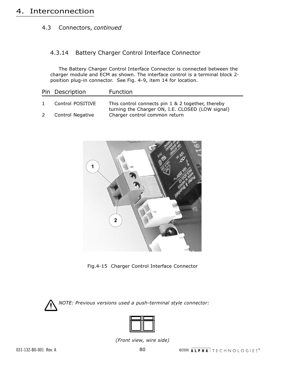 14 battery charger control interface connector, Fig. 4-15 charger control interface connector, Interconnection | Alpha Technologies AlphaGen 5.0kW Auxiliary Power Unit User Manual | Page 80 / 88