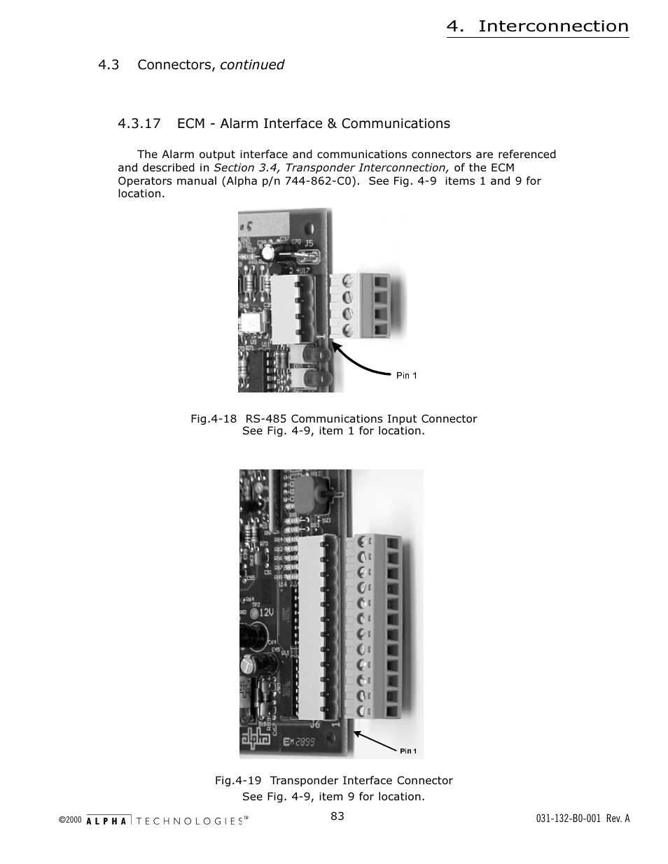 17 ecm - alarm interface & communications, Fig. 4-18 rs-485 communications input connector, Fig. 4-19 transponder interface connector | Interconnection | Alpha Technologies AlphaGen 5.0kW Auxiliary Power Unit User Manual | Page 83 / 88