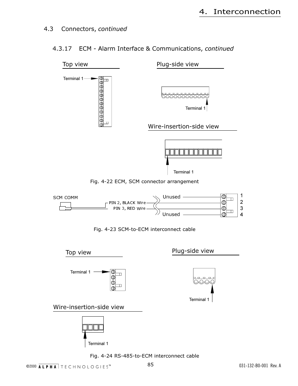 Fig. 4-22 ecm, scm connector arrangement, Fig. 4-23 scm-to-ecm interconnect cable, Fig. 4-24 rs-485-to-ecm interconnect cable | Interconnection | Alpha Technologies AlphaGen 5.0kW Auxiliary Power Unit User Manual | Page 85 / 88