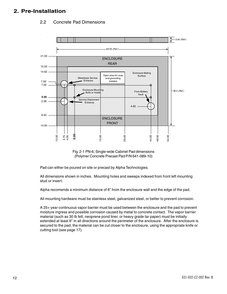 Pre-installation, 2 concrete pad dimensions | Alpha Technologies BD-8 User Manual | Page 12 / 34