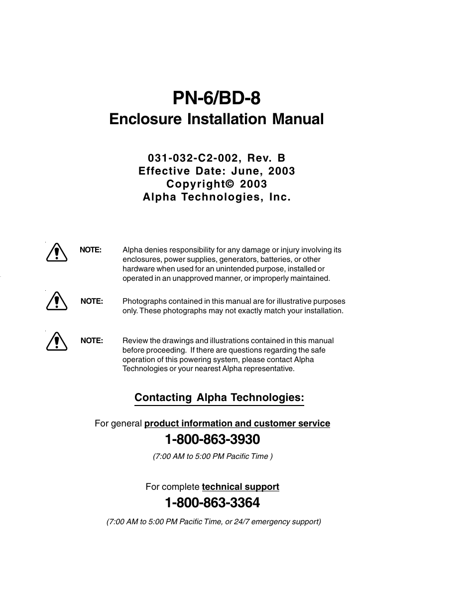 Pn-6/bd-8, Enclosure installation manual | Alpha Technologies BD-8 User Manual | Page 3 / 34