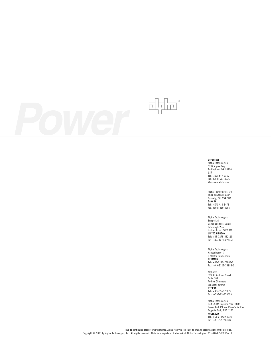 Power | Alpha Technologies BD-8 User Manual | Page 34 / 34