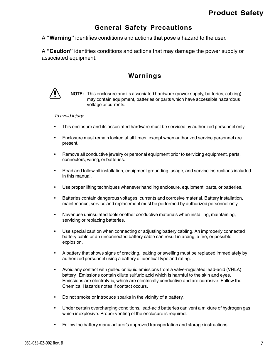 Product safety, Warnings, General safety precautions | Alpha Technologies BD-8 User Manual | Page 7 / 34