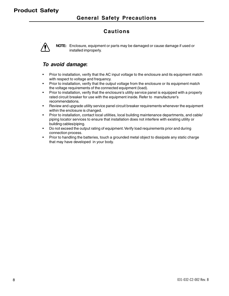 Product safety, General safety precautions | Alpha Technologies BD-8 User Manual | Page 8 / 34