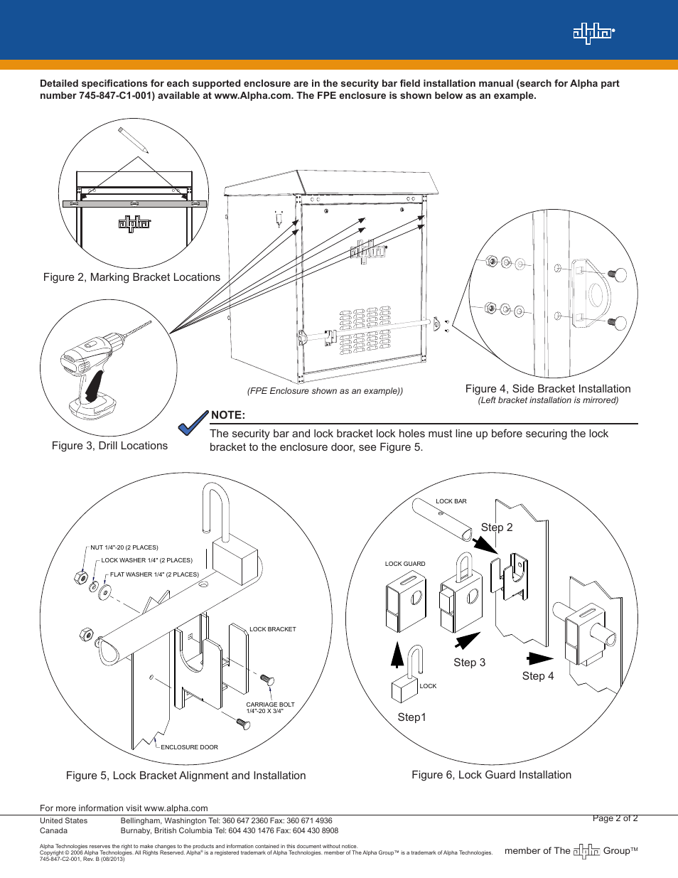 Figure 4, side bracket installation, Figure 5, lock bracket alignment and installation | Alpha Technologies UPE-3, UPE-6, UPE-M3, UPE-M6, PN, CE and FPE Series - Quick Start Guide User Manual | Page 2 / 2