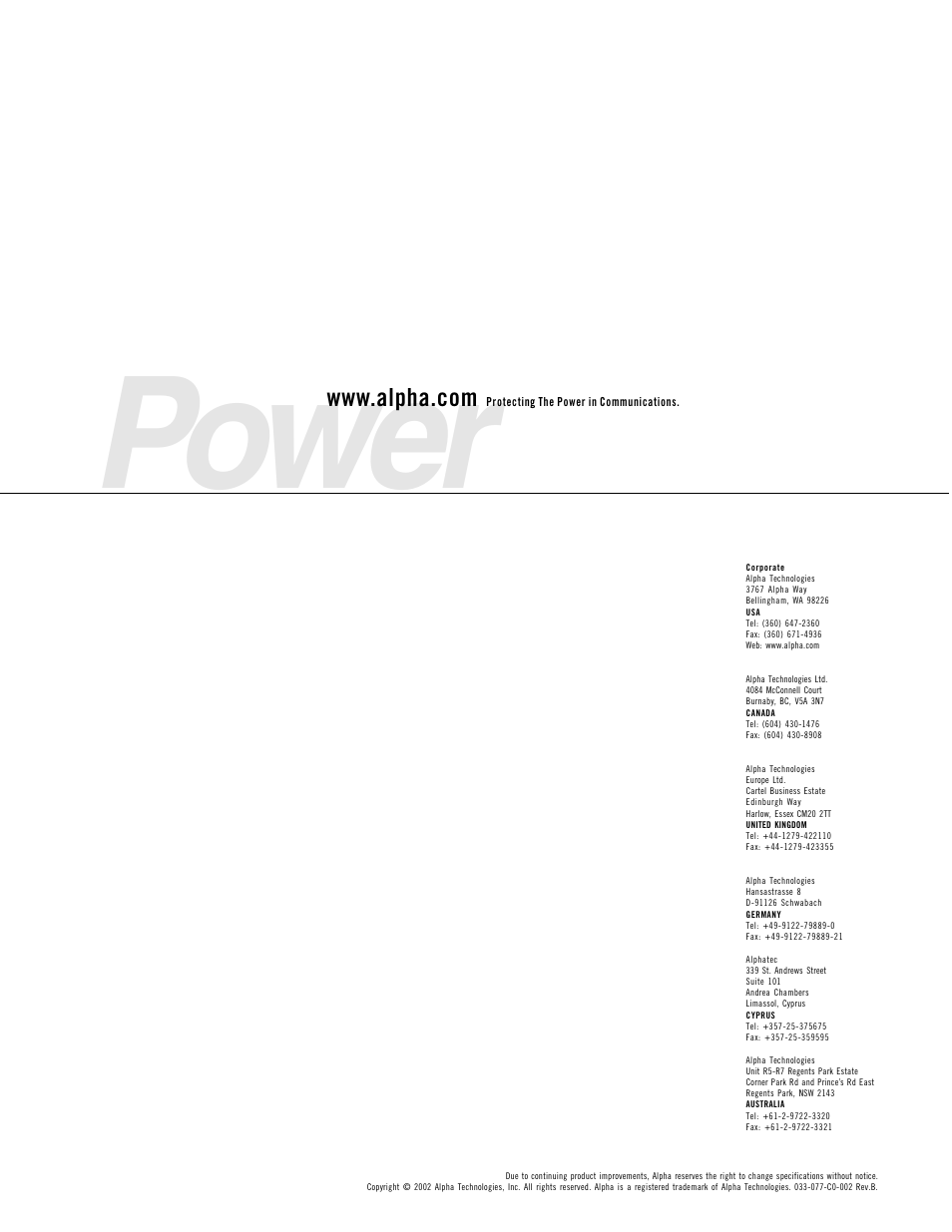 Power | Alpha Technologies PWE Battery Enclosure (BE) User Manual | Page 20 / 20