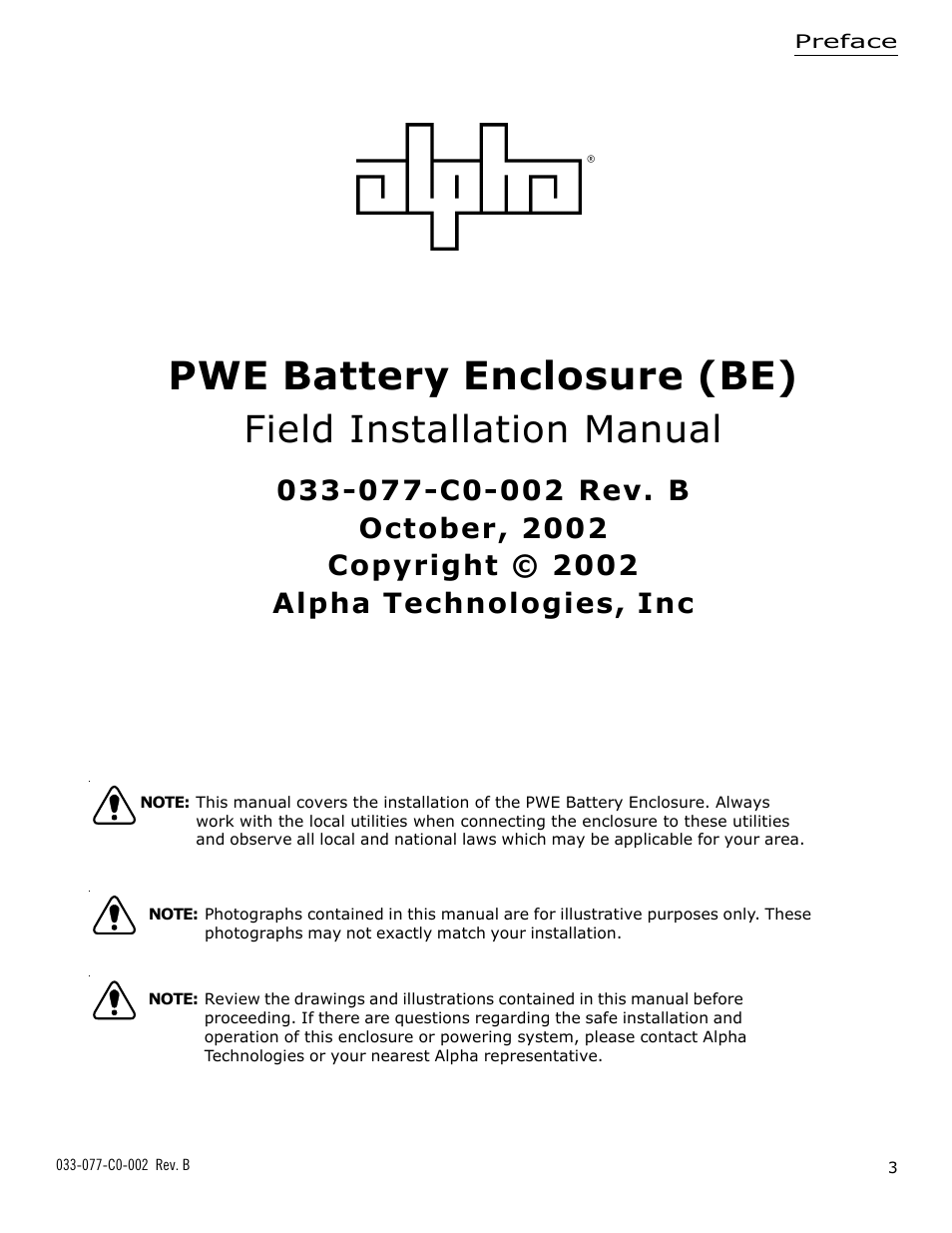 Pwe battery enclosure (be), Field installation manual | Alpha Technologies PWE Battery Enclosure (BE) User Manual | Page 3 / 20