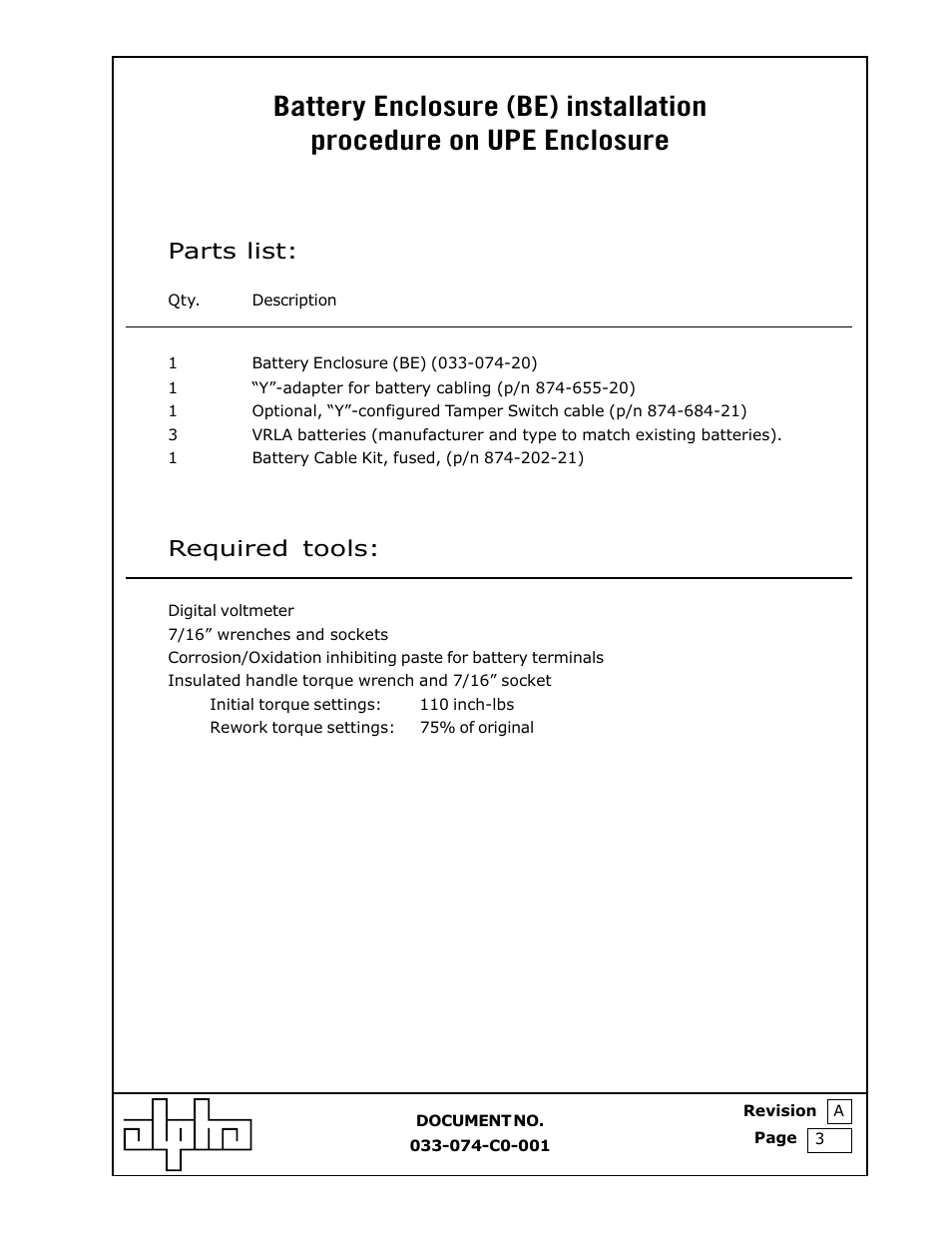 Parts list, Required tools | Alpha Technologies Battery Enclosure (BE) User Manual | Page 3 / 15