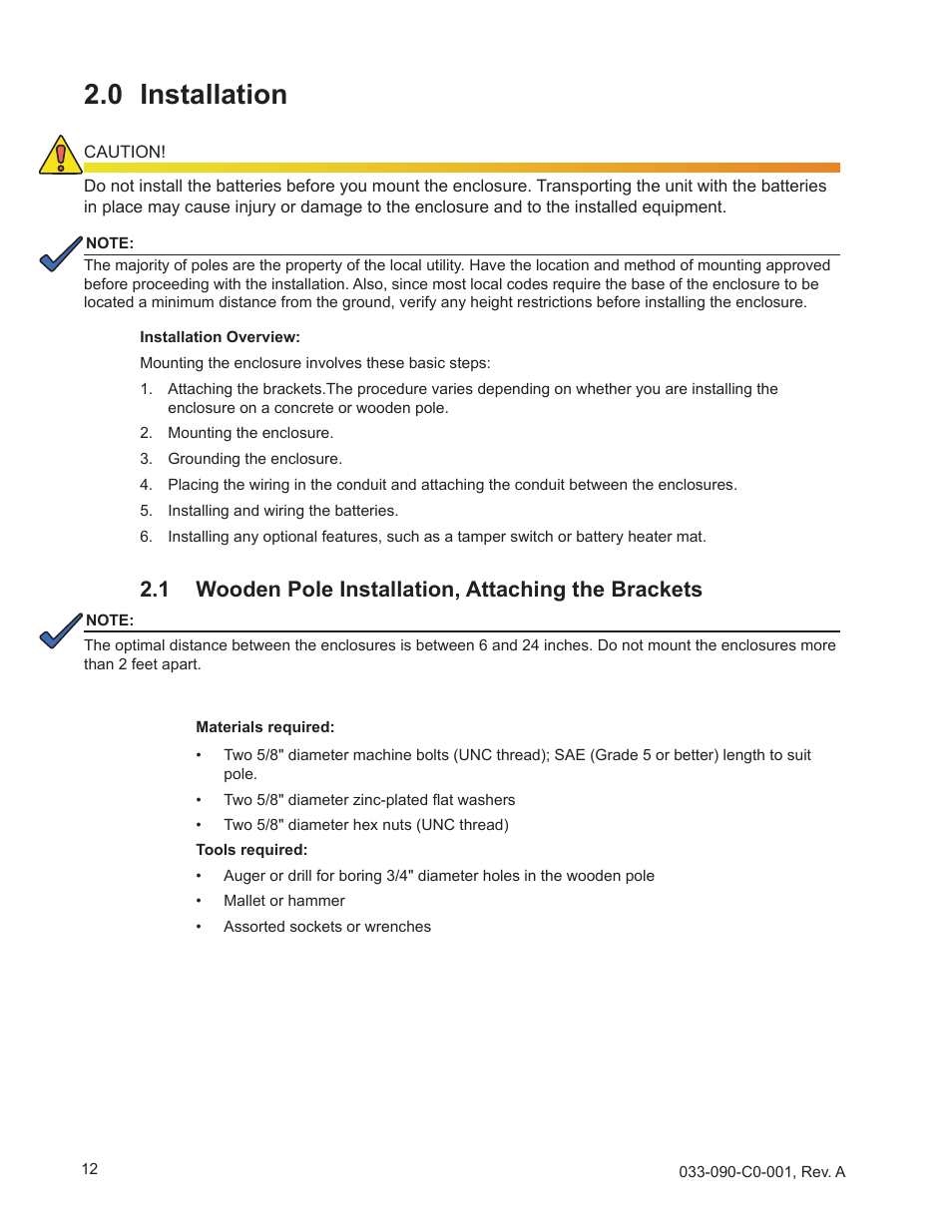 0 installation, 1 wooden pole installation, attaching the brackets | Alpha Technologies PWE-SG Series User Manual | Page 12 / 28