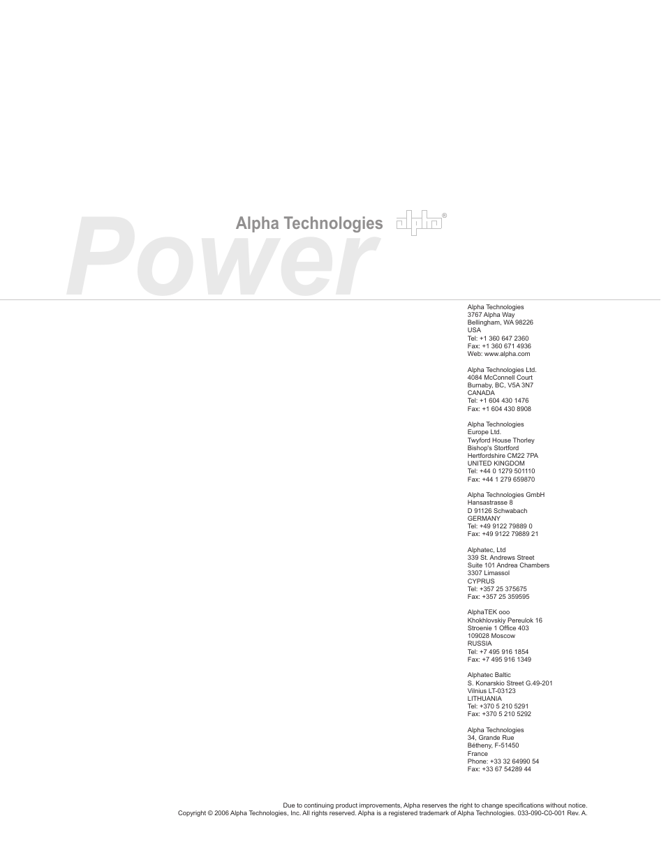 Power, Alpha technologies | Alpha Technologies PWE-SG Series User Manual | Page 28 / 28