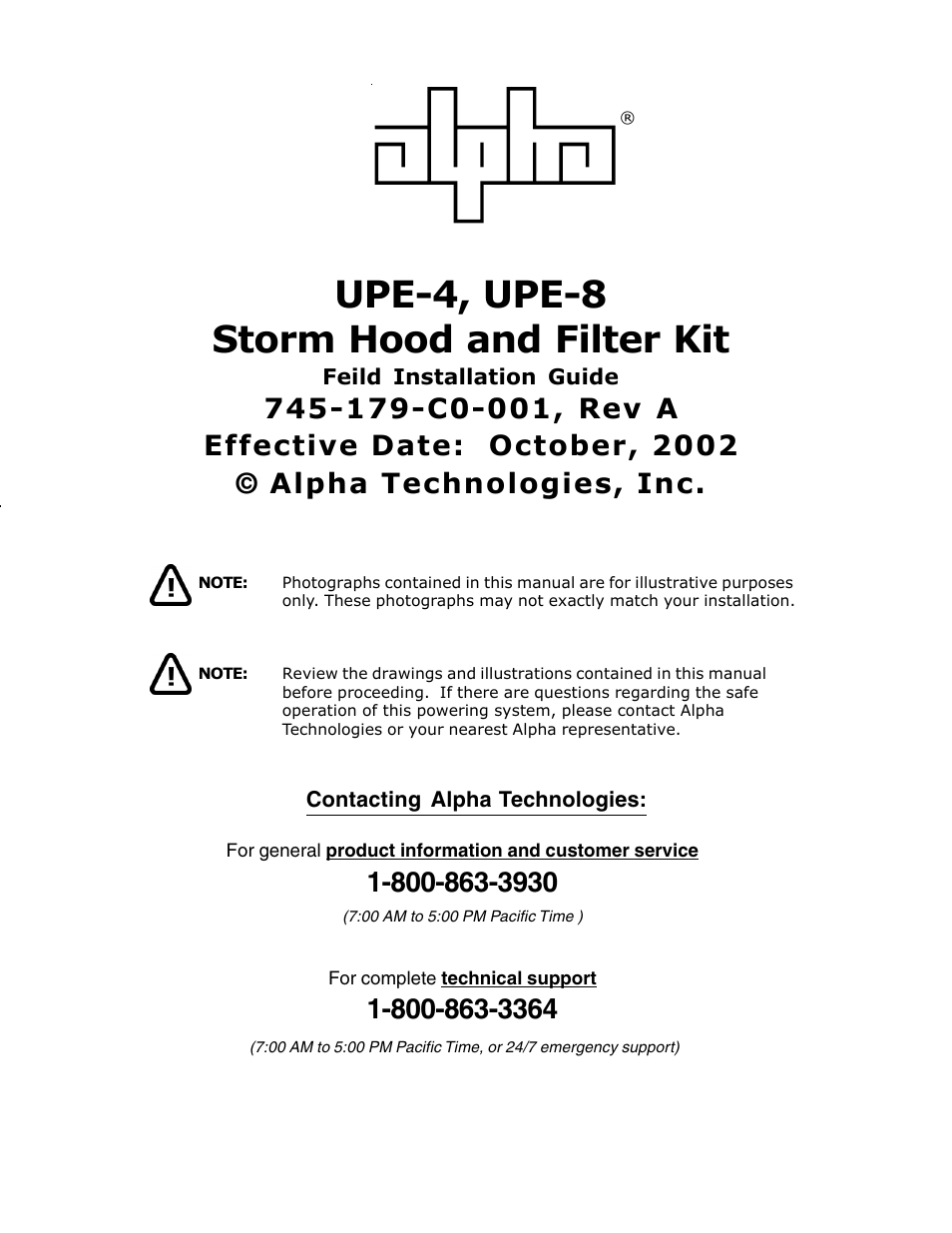 Upe-4, upe-8 storm hood and filter kit | Alpha Technologies UPE-8 User Manual | Page 3 / 14