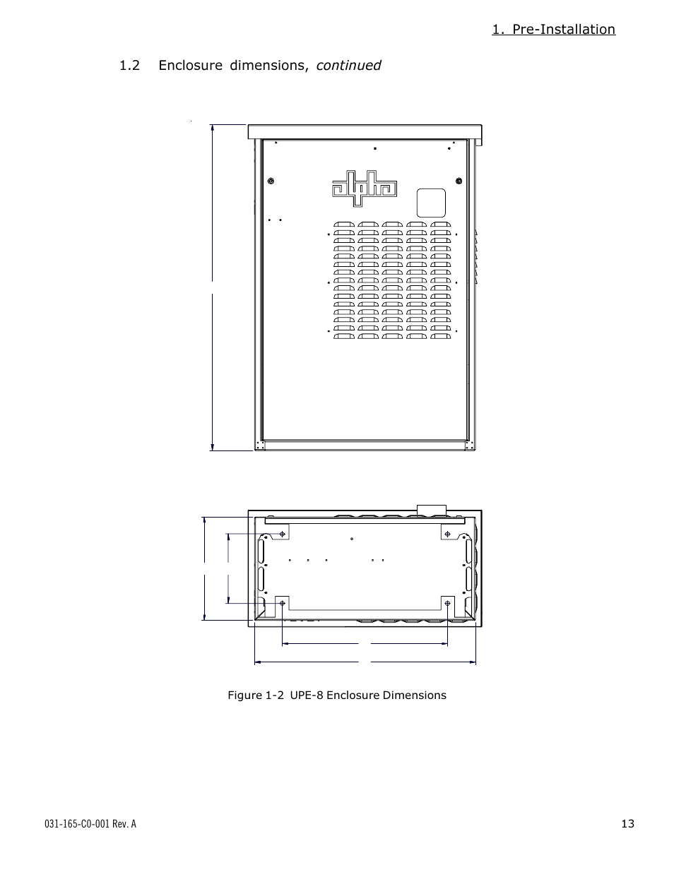 Front view bottom view, Pre-installation, 2 enclosure dimensions, continued | Alpha Technologies UPE-8 User Manual | Page 13 / 40