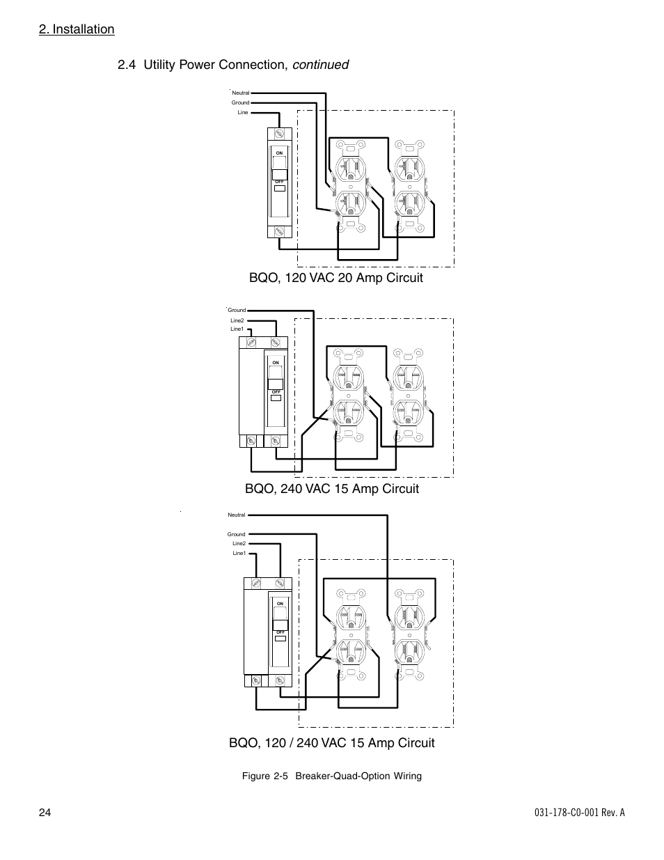 Continued, Installation, 4 utility power connection | Figure 2-5 breaker-quad-option wiring | Alpha Technologies UPE-6L User Manual | Page 24 / 37