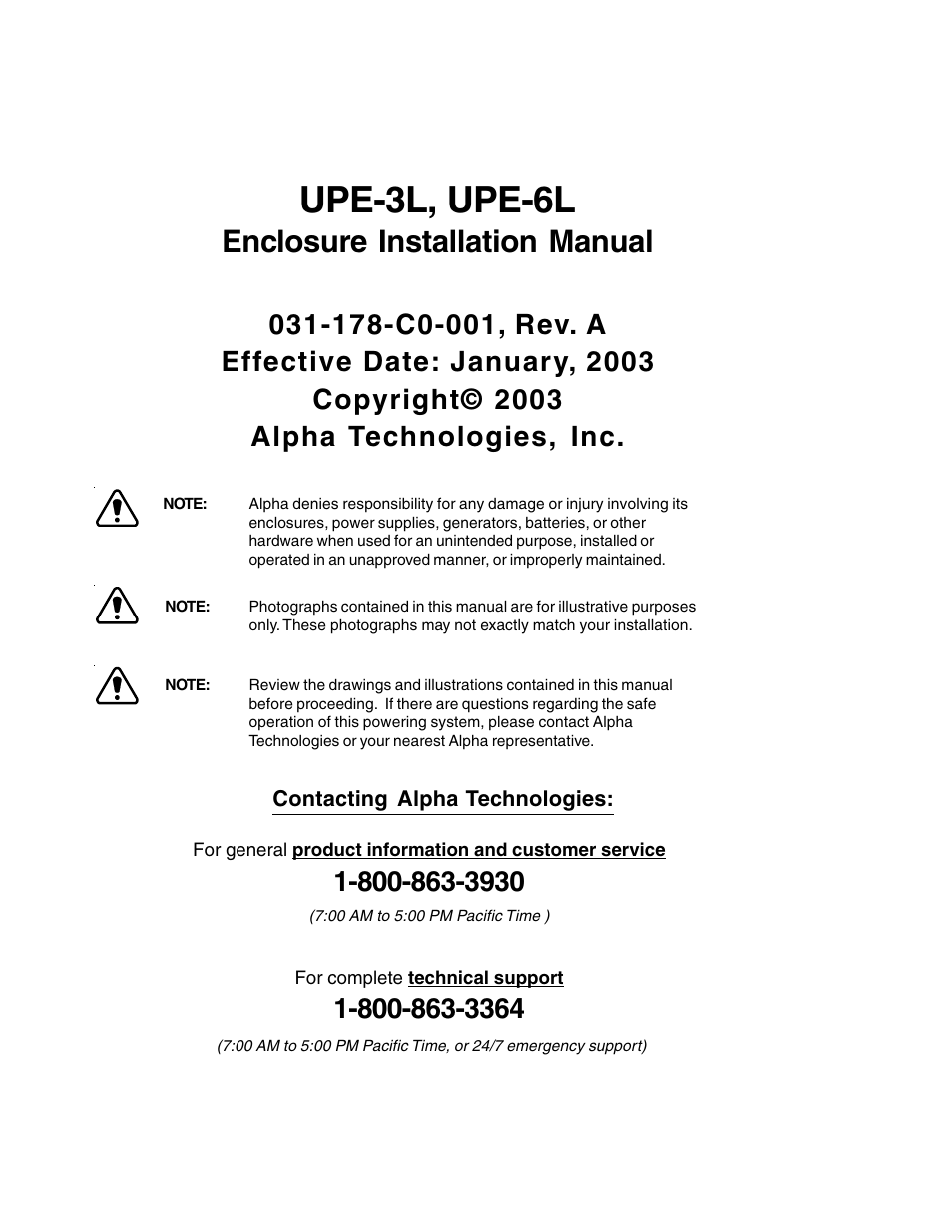 Upe-3l, upe-6l, Enclosure installation manual | Alpha Technologies UPE-6L User Manual | Page 3 / 37