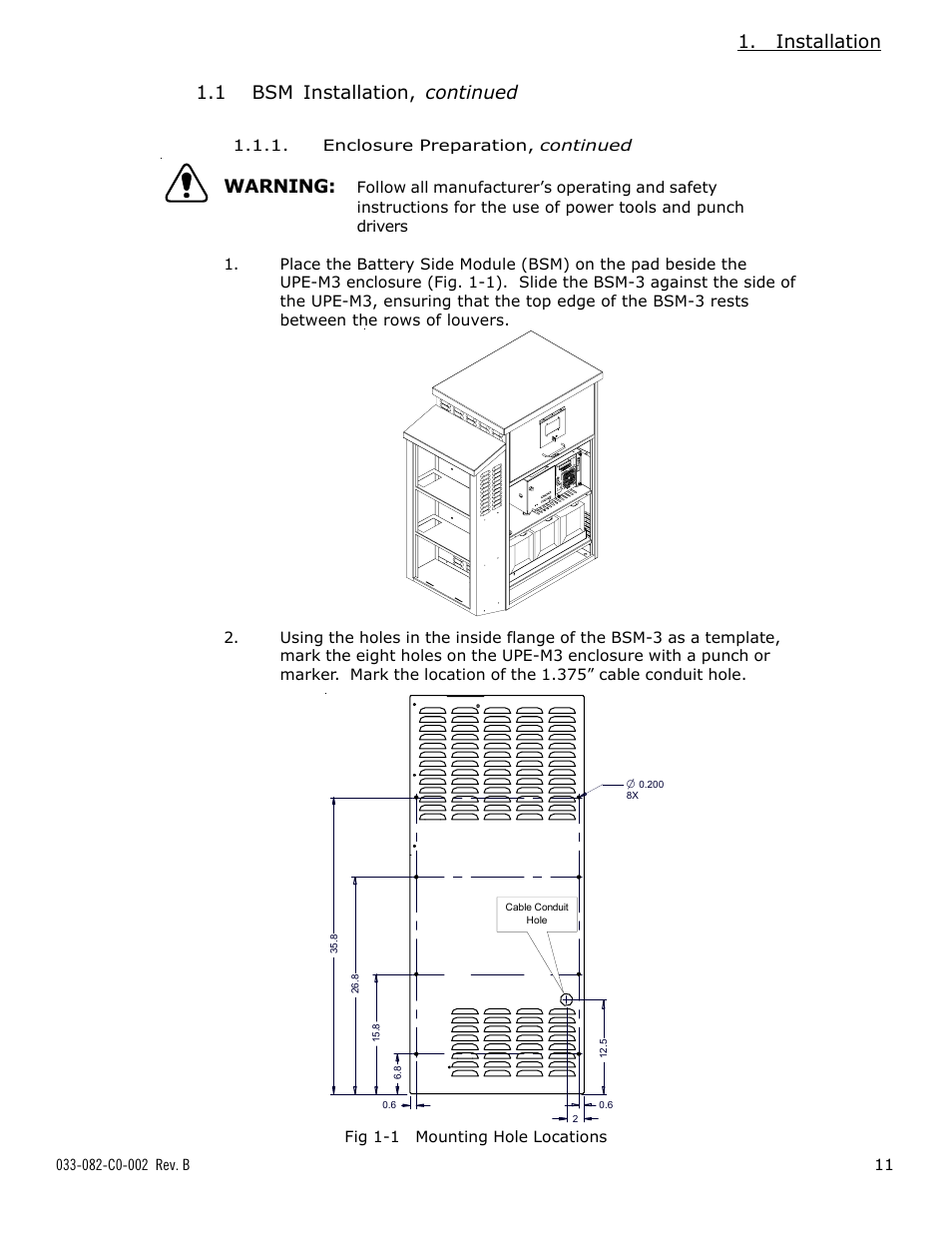 Installation, 1 bsm installation, continued warning | Alpha Technologies BSM-3 Battery Side Module Enclosure User Manual | Page 11 / 24