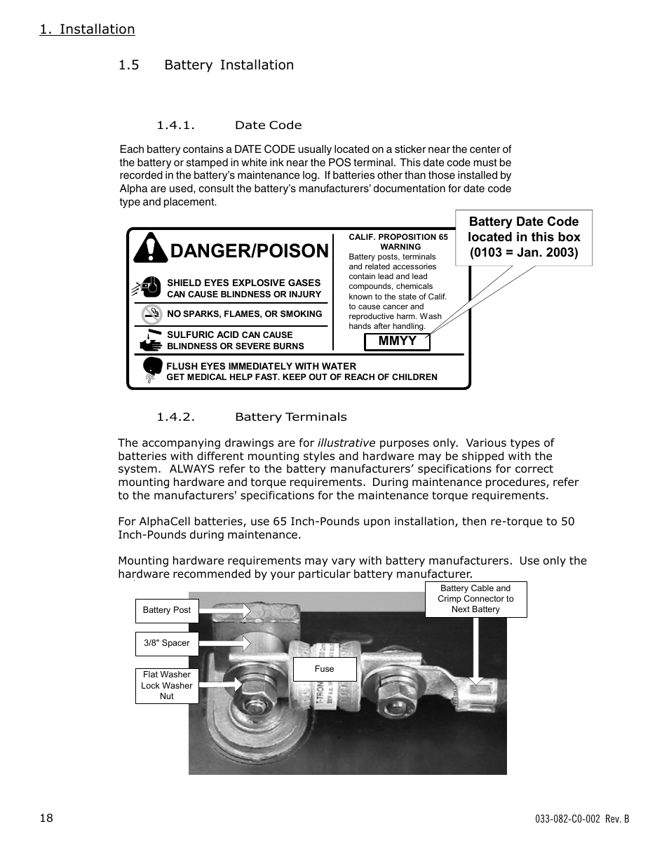 Danger/poison, Installation, 5 battery installation | Mmyy | Alpha Technologies BSM-3 Battery Side Module Enclosure User Manual | Page 18 / 24