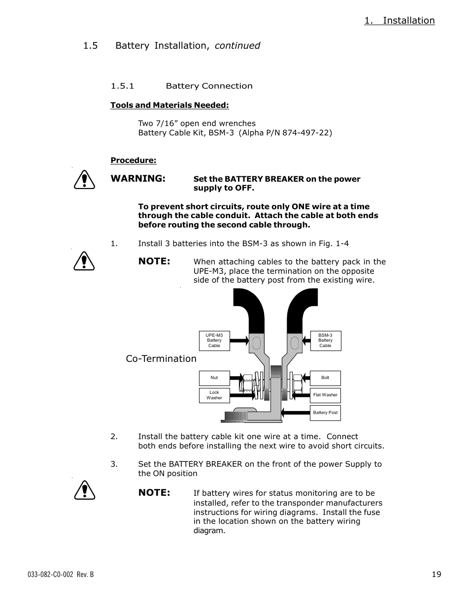 Installation, Warning, 5 battery installation, continued | Co-termination | Alpha Technologies BSM-3 Battery Side Module Enclosure User Manual | Page 19 / 24