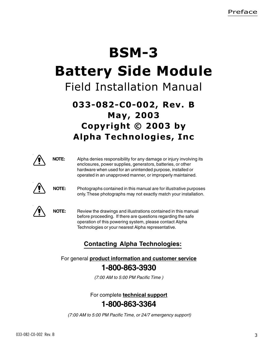 Bsm-3 battery side module, Field installation manual | Alpha Technologies BSM-3 Battery Side Module Enclosure User Manual | Page 3 / 24