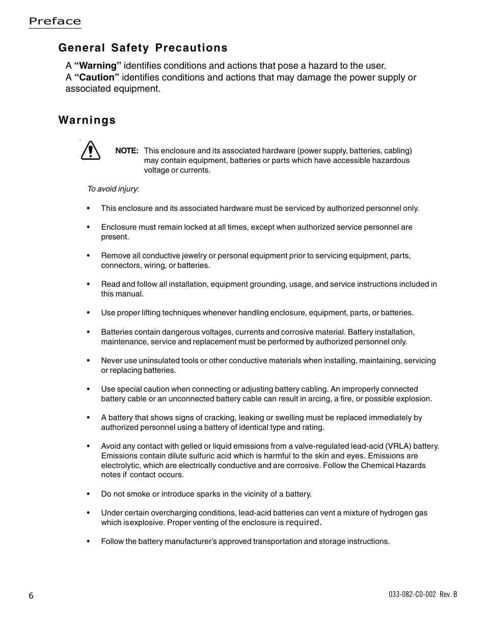 General safety precautions, Warnings | Alpha Technologies BSM-3 Battery Side Module Enclosure User Manual | Page 6 / 24