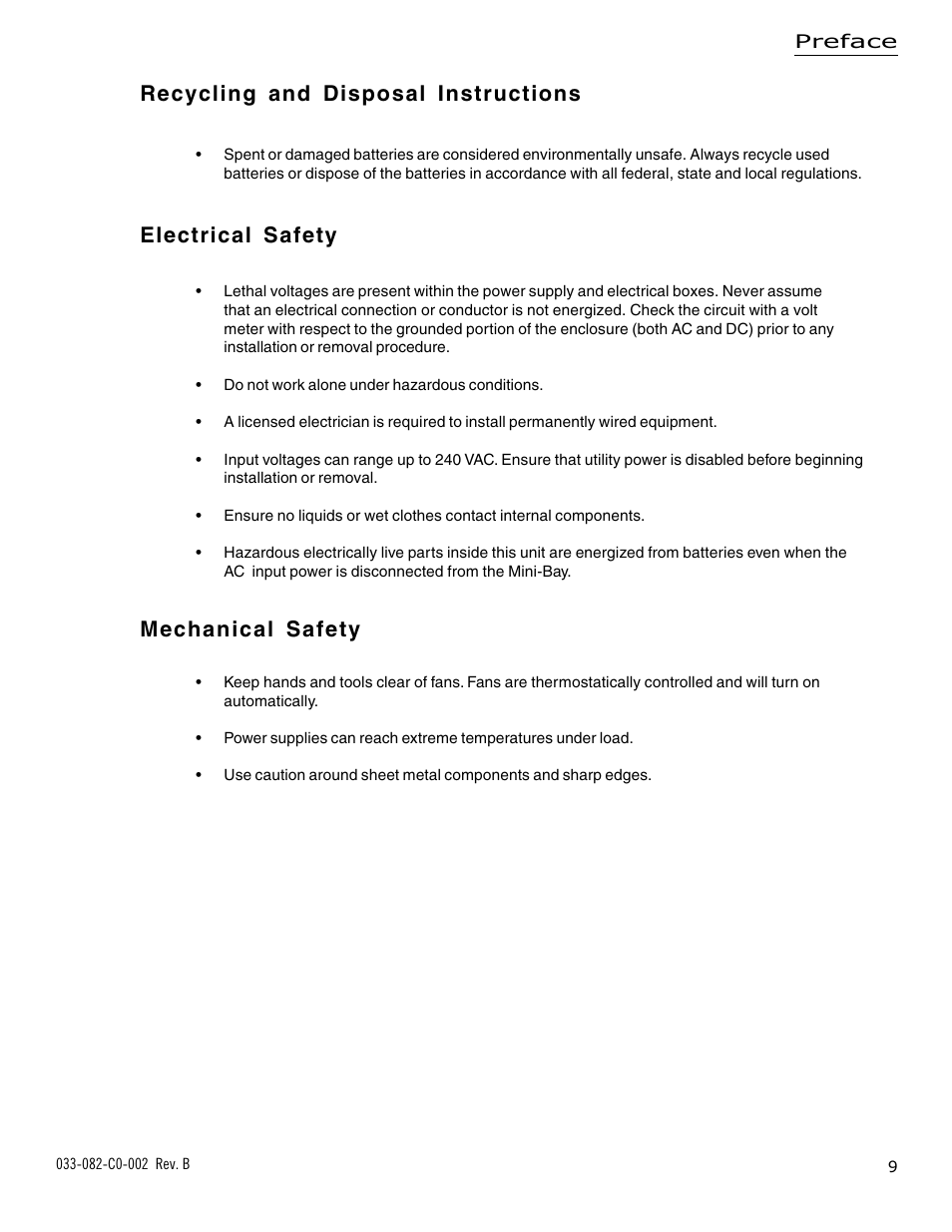 Electrical safety mechanical safety, Recycling and disposal instructions | Alpha Technologies BSM-3 Battery Side Module Enclosure User Manual | Page 9 / 24