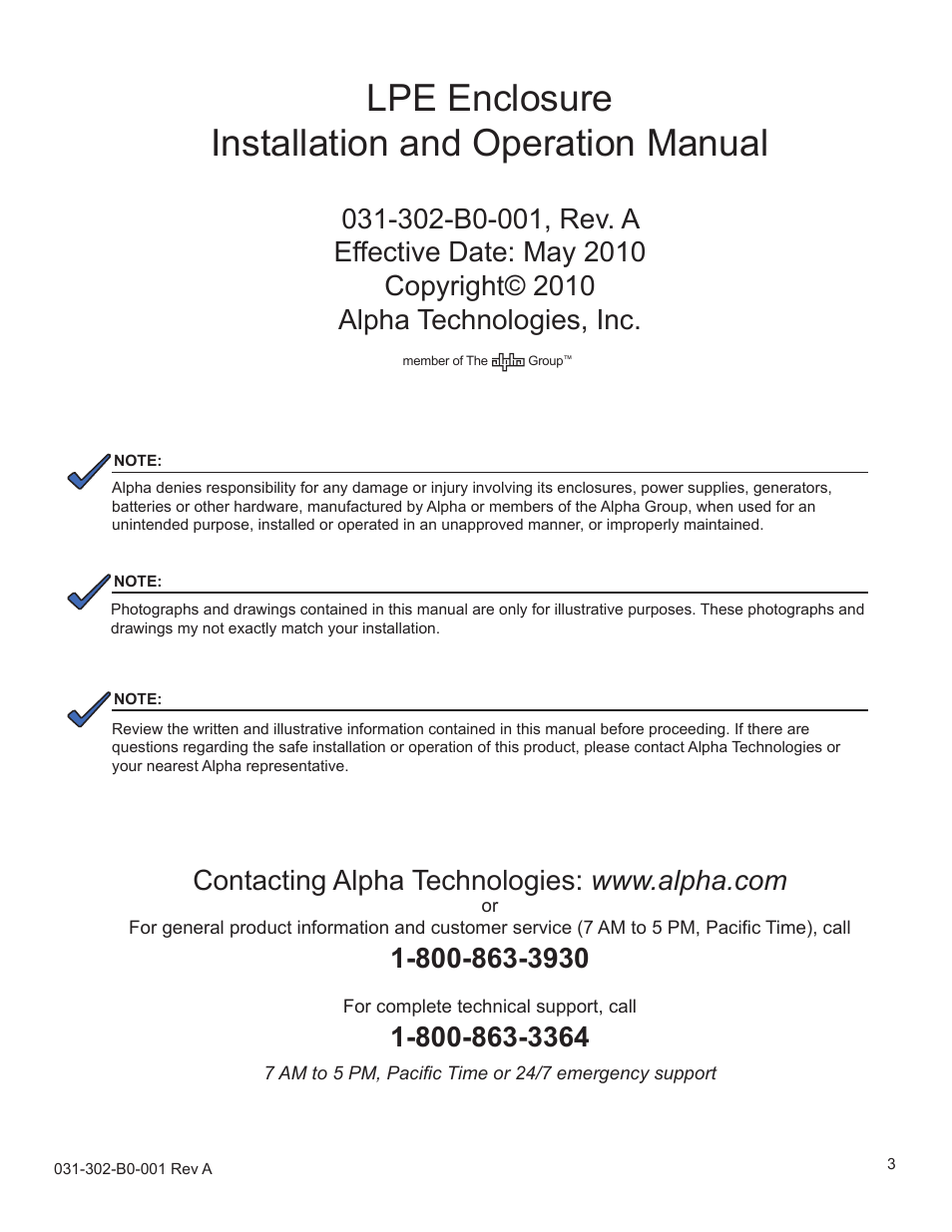 Lpe enclosure installation and operation manual | Alpha Technologies LPE Enclosure User Manual | Page 3 / 31