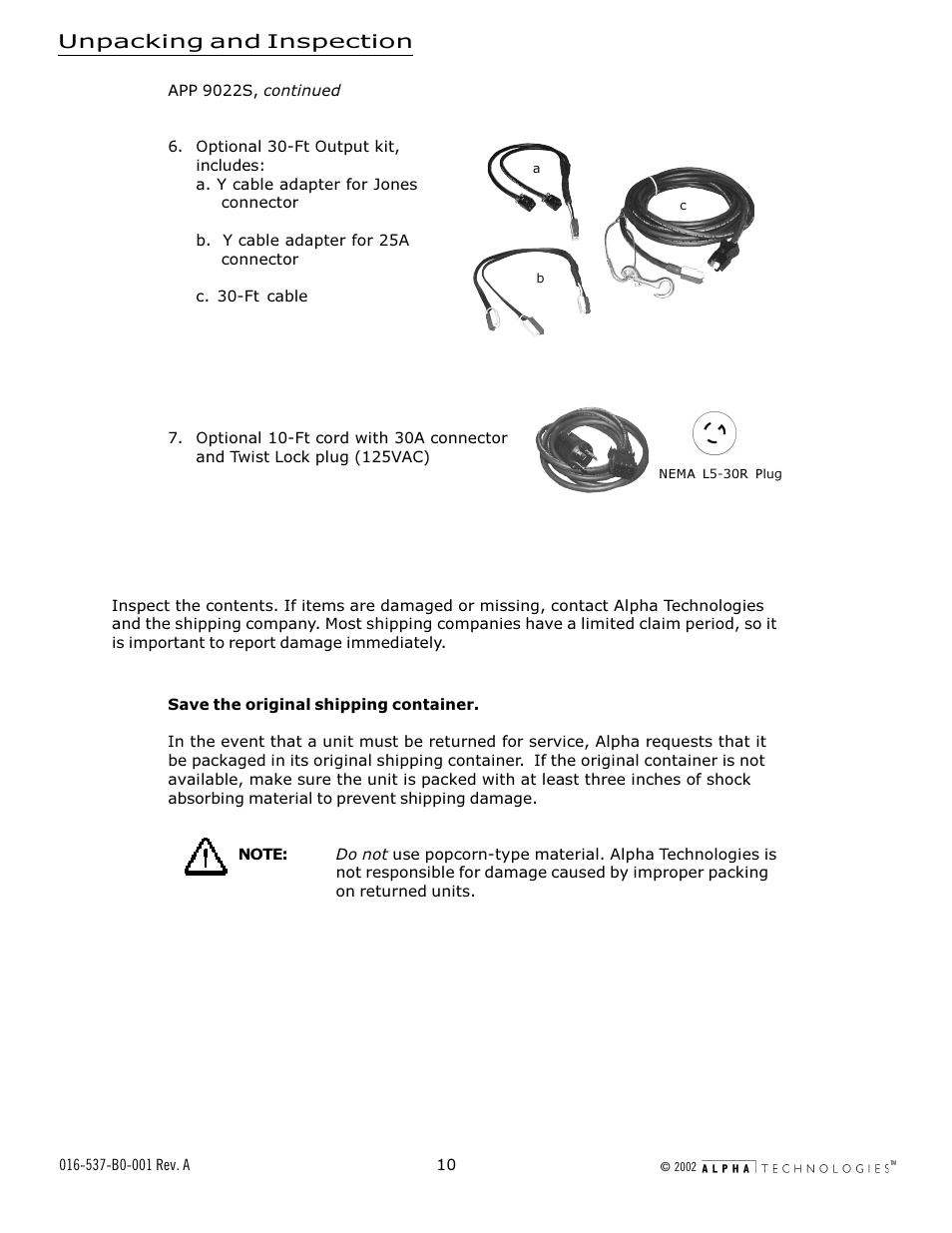 Unpacking and inspection | Alpha Technologies APP 9022S User Manual | Page 10 / 22