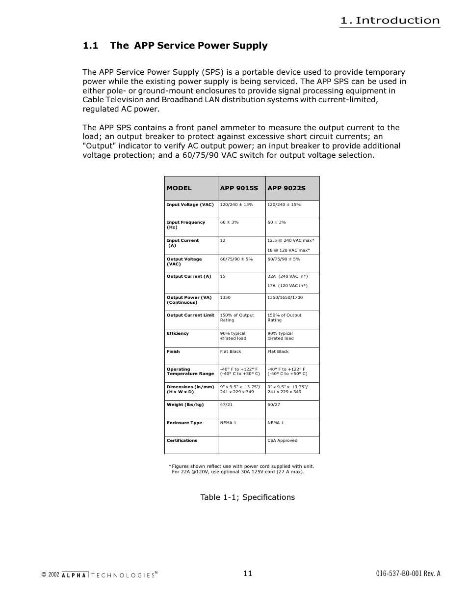 1 the app service power supply, Table 1-1, Specifications | Introduction, Table 1-1; specifications | Alpha Technologies APP 9022S User Manual | Page 11 / 22