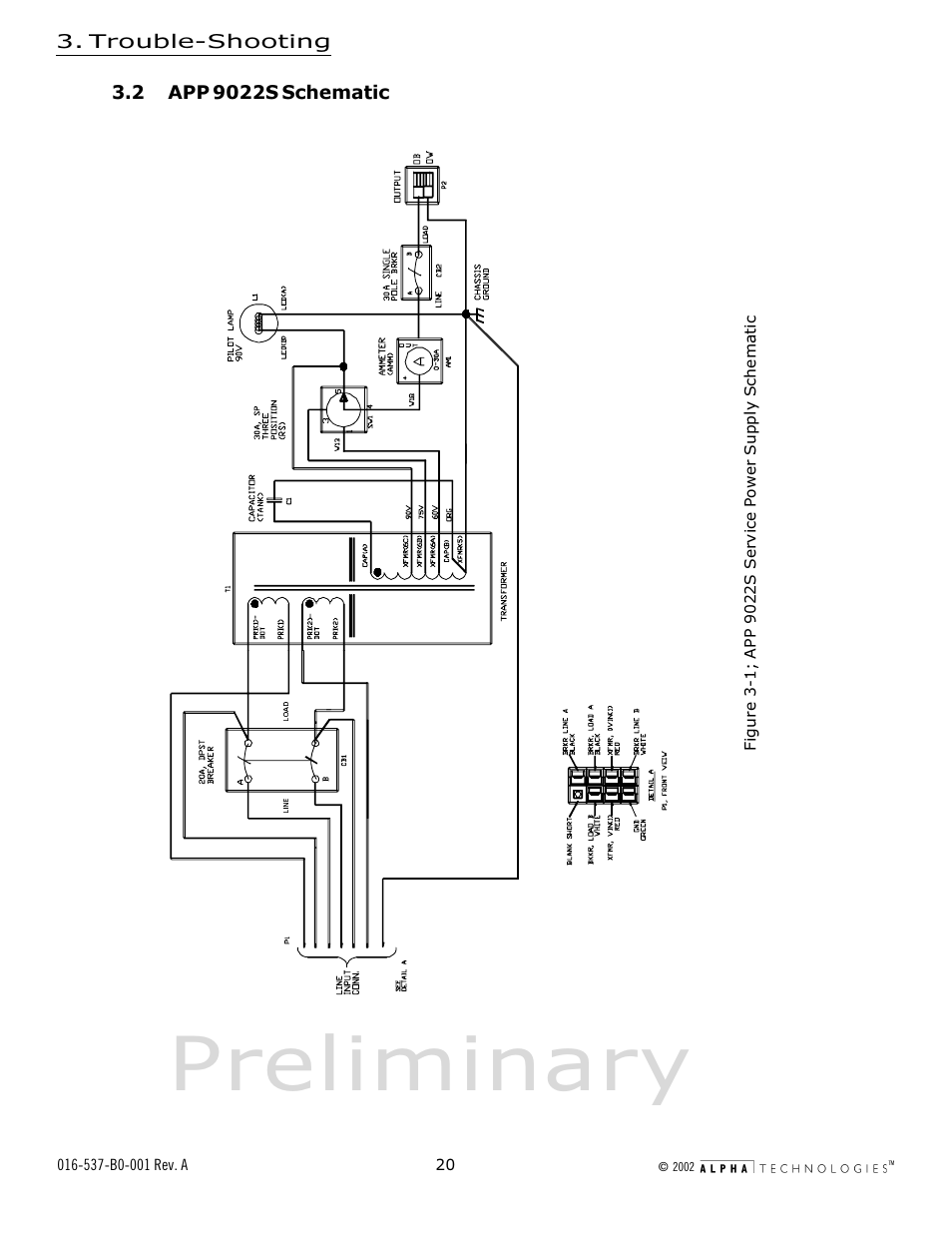 2 app 9022s schematic, Figure 3-1, App 9022s service power supply schematic | Preliminary | Alpha Technologies APP 9022S User Manual | Page 20 / 22
