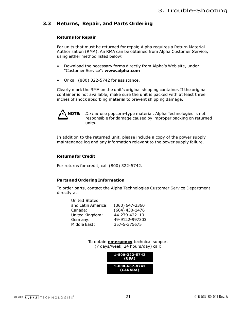 3 returns, repair, and parts ordering | Alpha Technologies APP 9022S User Manual | Page 21 / 22
