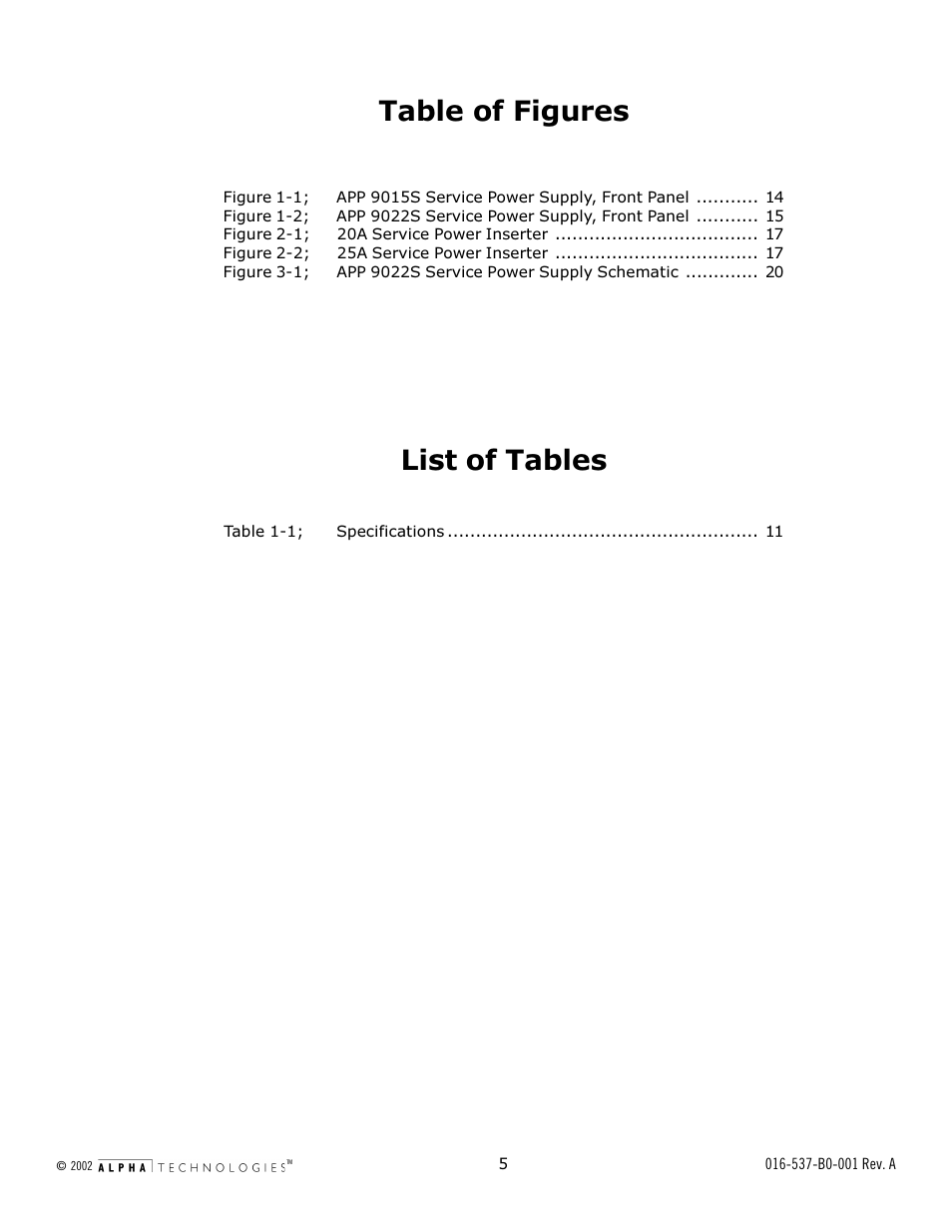List of tables table of figures | Alpha Technologies APP 9022S User Manual | Page 5 / 22