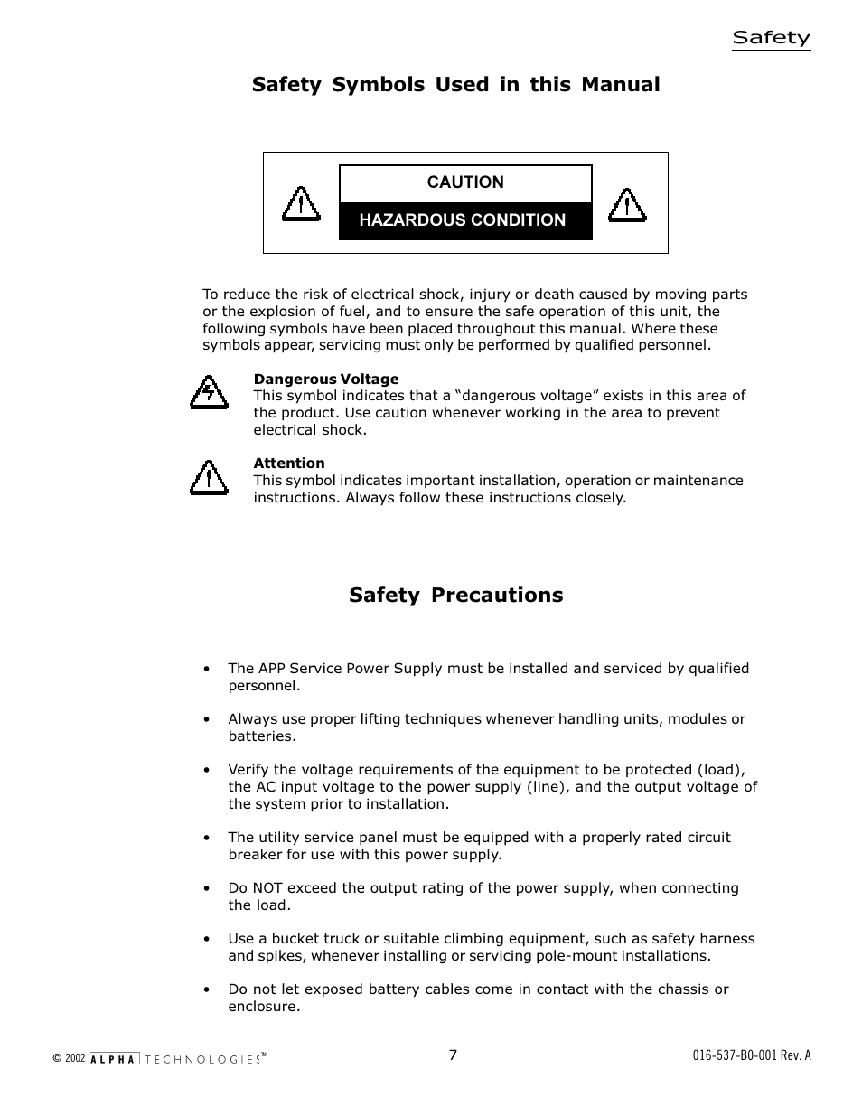 Safety symbols used in this manual, Safety precautions, Safety | Alpha Technologies APP 9022S User Manual | Page 7 / 22