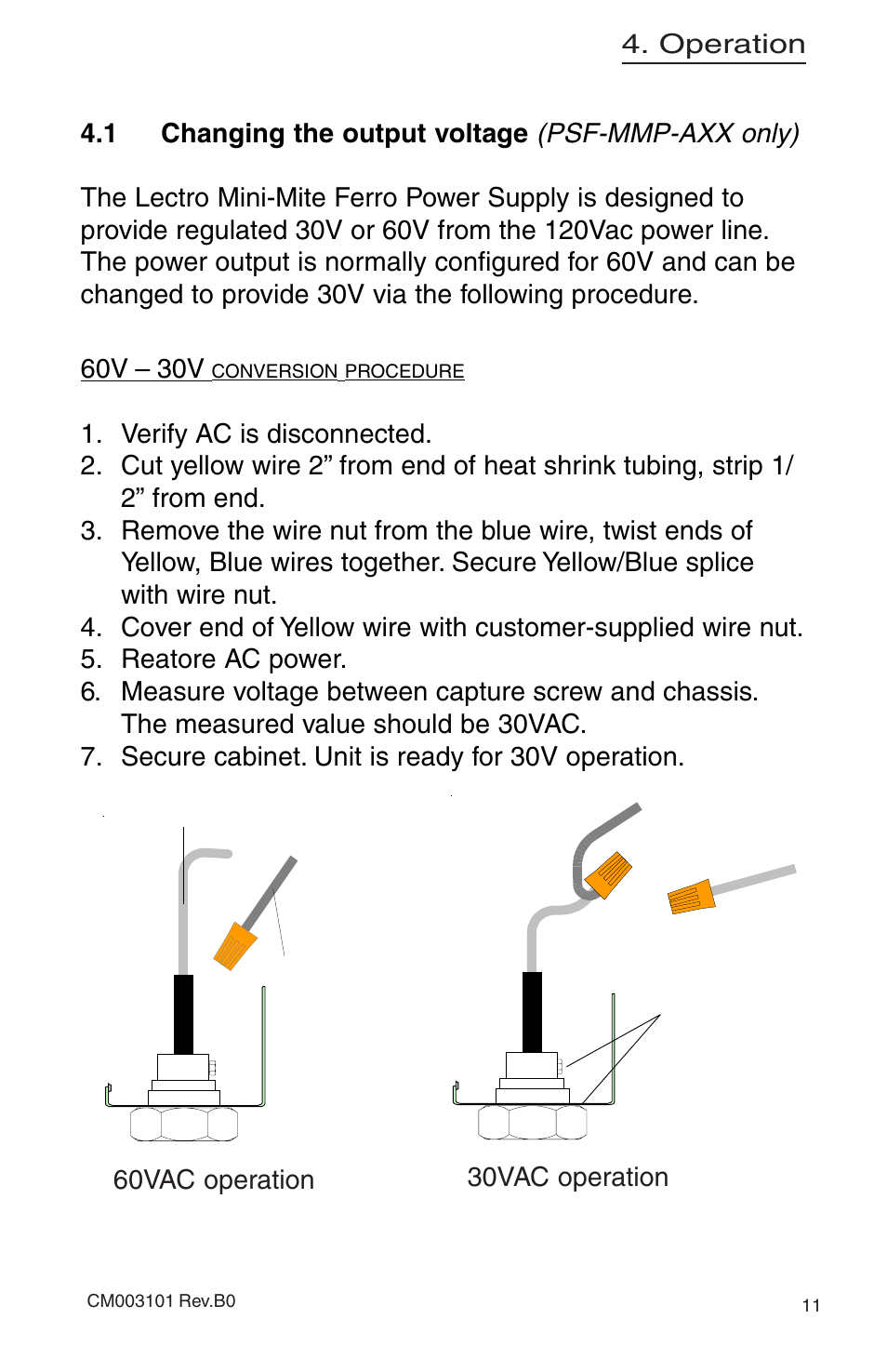 Psf-mmp-axx only), Operation, 1 changing the output voltage | 60vac operation 30vac operation | Alpha Technologies Mini-Mite Ferro Power Supply User Manual | Page 11 / 16