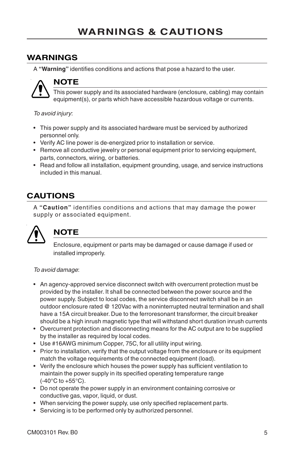 Warnings & cautions | Alpha Technologies Mini-Mite Ferro Power Supply User Manual | Page 5 / 16