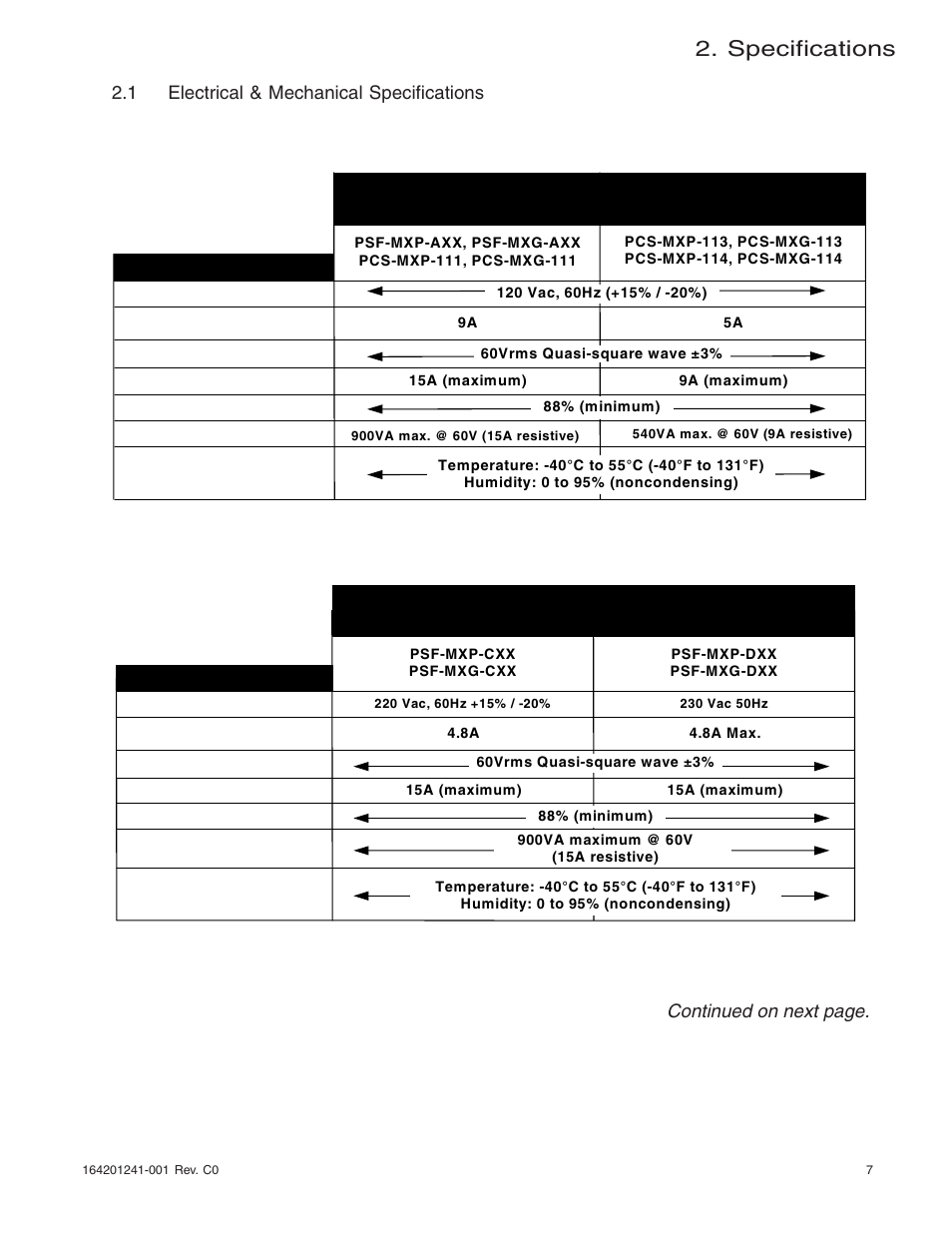 Specifications, 120 vac models outdoor pole and ground mount, Continued on next page | 1 electrical & mechanical specifications | Alpha Technologies MiniMax Power Supply User Manual | Page 7 / 18