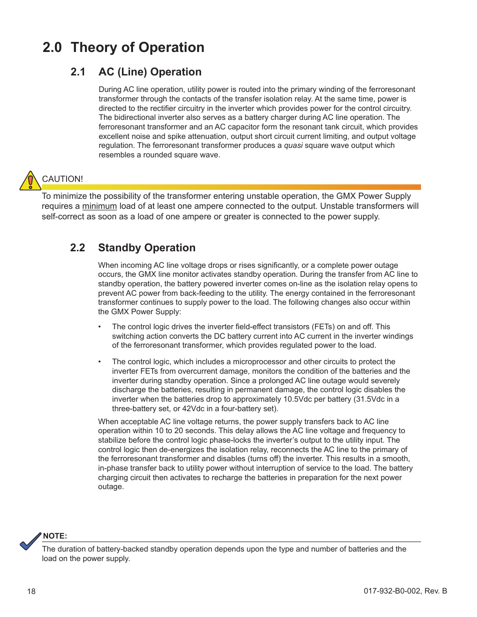 0 theory of operation, 1 ac (line) operation, 2 standby operation | Theory of operation 2.1, Ac (line) operation | Alpha Technologies GMX-915 User Manual | Page 18 / 61