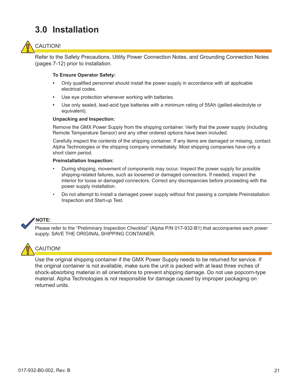 0 installation, Installation | Alpha Technologies GMX-915 User Manual | Page 21 / 61