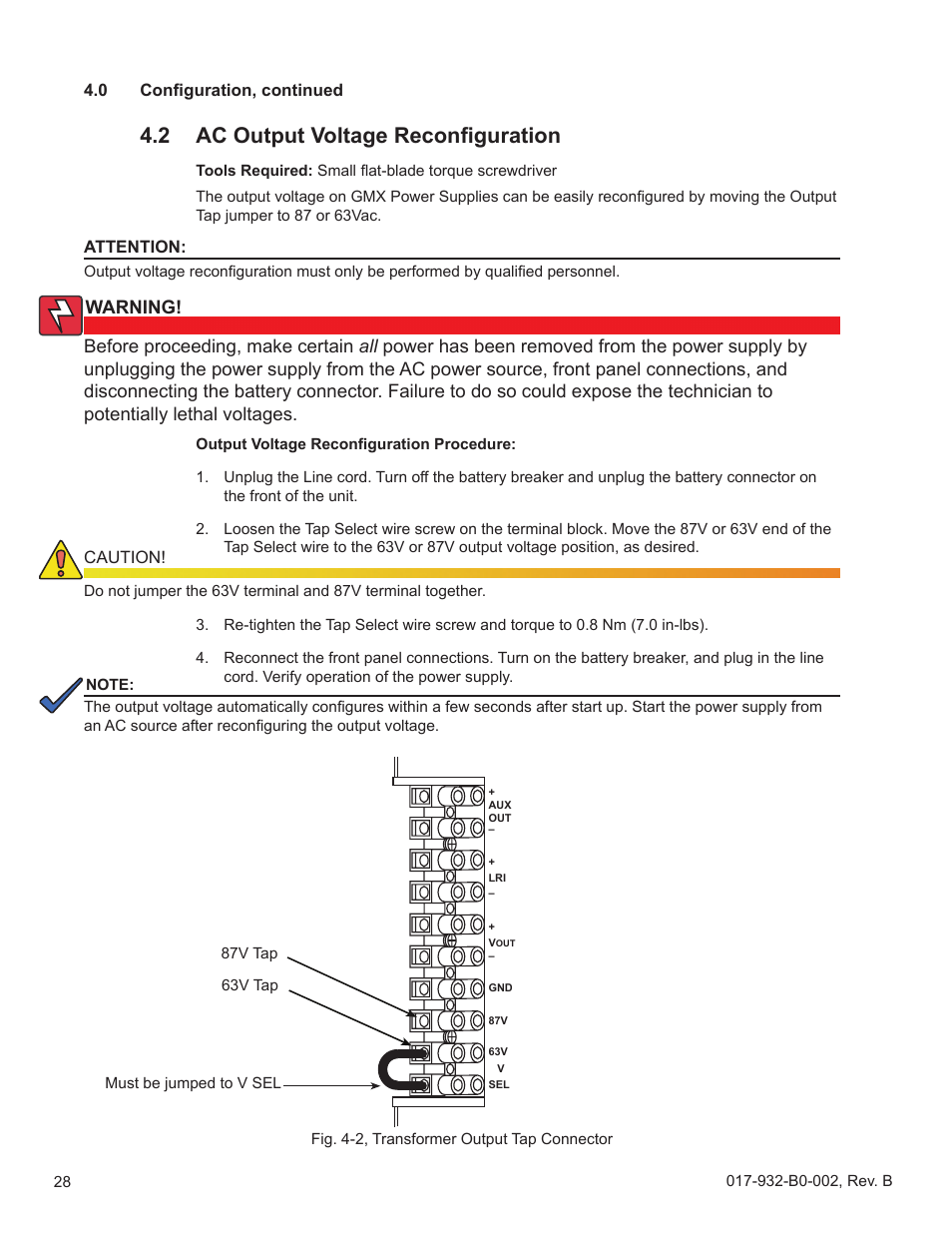 2 ac output voltage reconfiguration, Ac output voltage reconfiguration | Alpha Technologies GMX-915 User Manual | Page 28 / 61