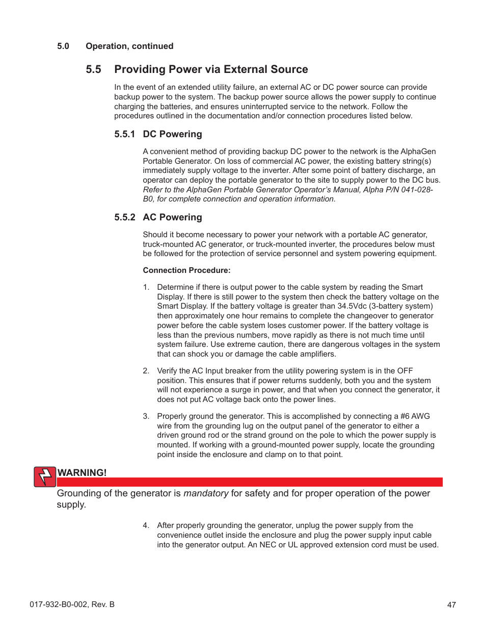 5 providing power via external source, 1 dc powering, 2 ac powering | Alpha Technologies GMX-915 User Manual | Page 47 / 61