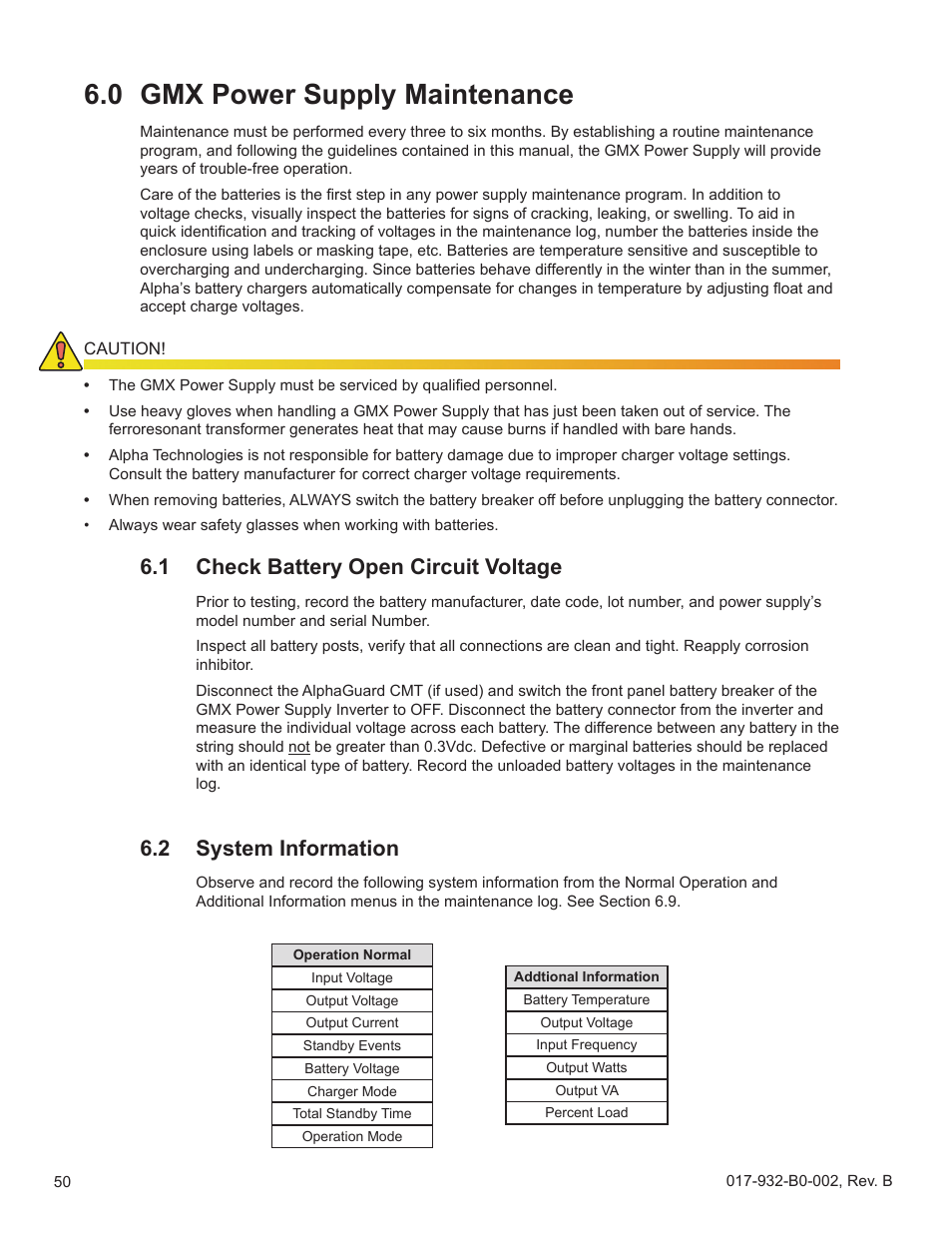 0 gmx power supply maintenance, 1 check battery open circuit voltage, 2 system information | Gmx power supply maintenance 6.1, Check battery open circuit voltage, System information | Alpha Technologies GMX-915 User Manual | Page 50 / 61