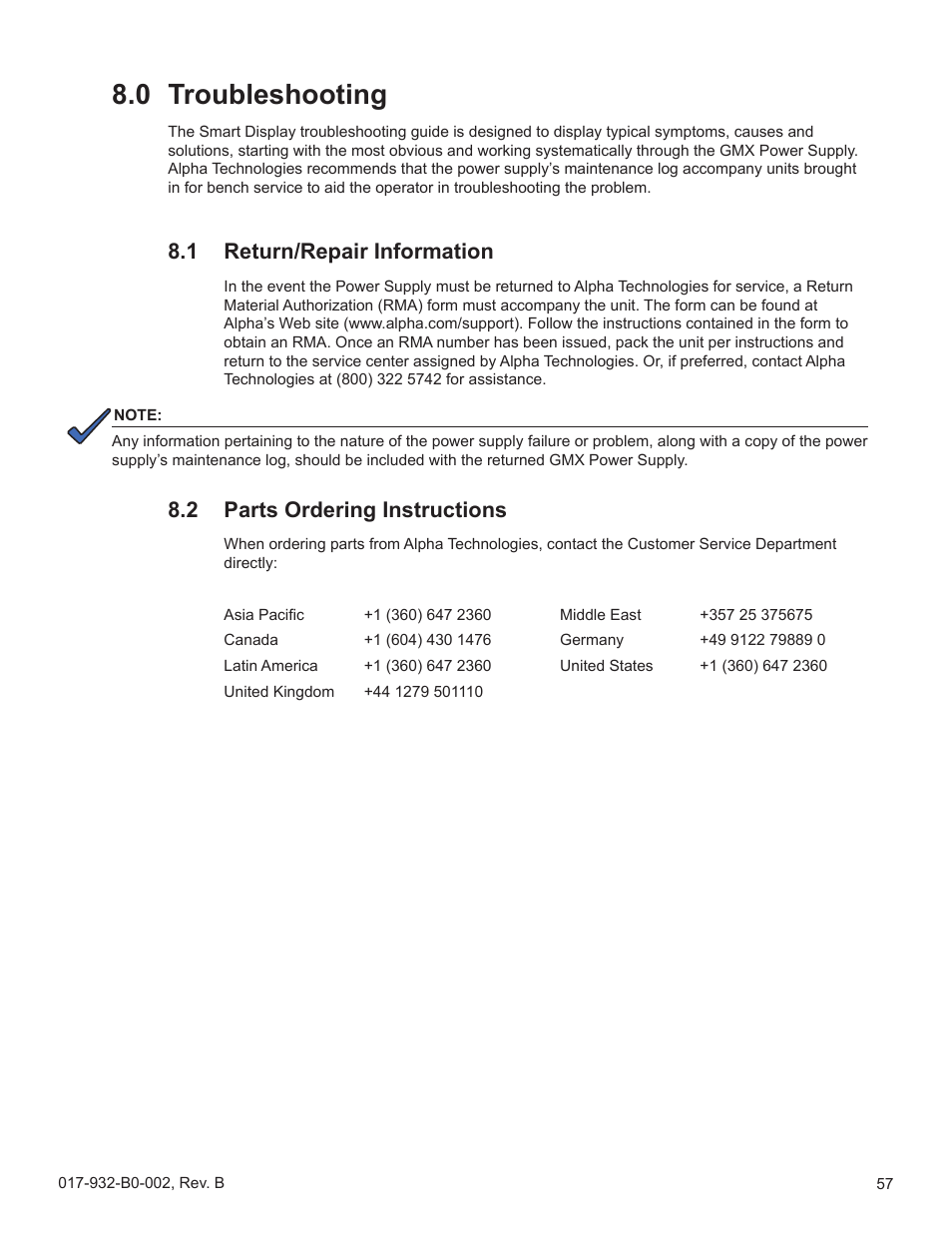 0 troubleshooting, 1 return/repair information, 2 parts ordering instructions | Troubleshooting 8.1, Return/repair information, Parts ordering instructions | Alpha Technologies GMX-915 User Manual | Page 57 / 61