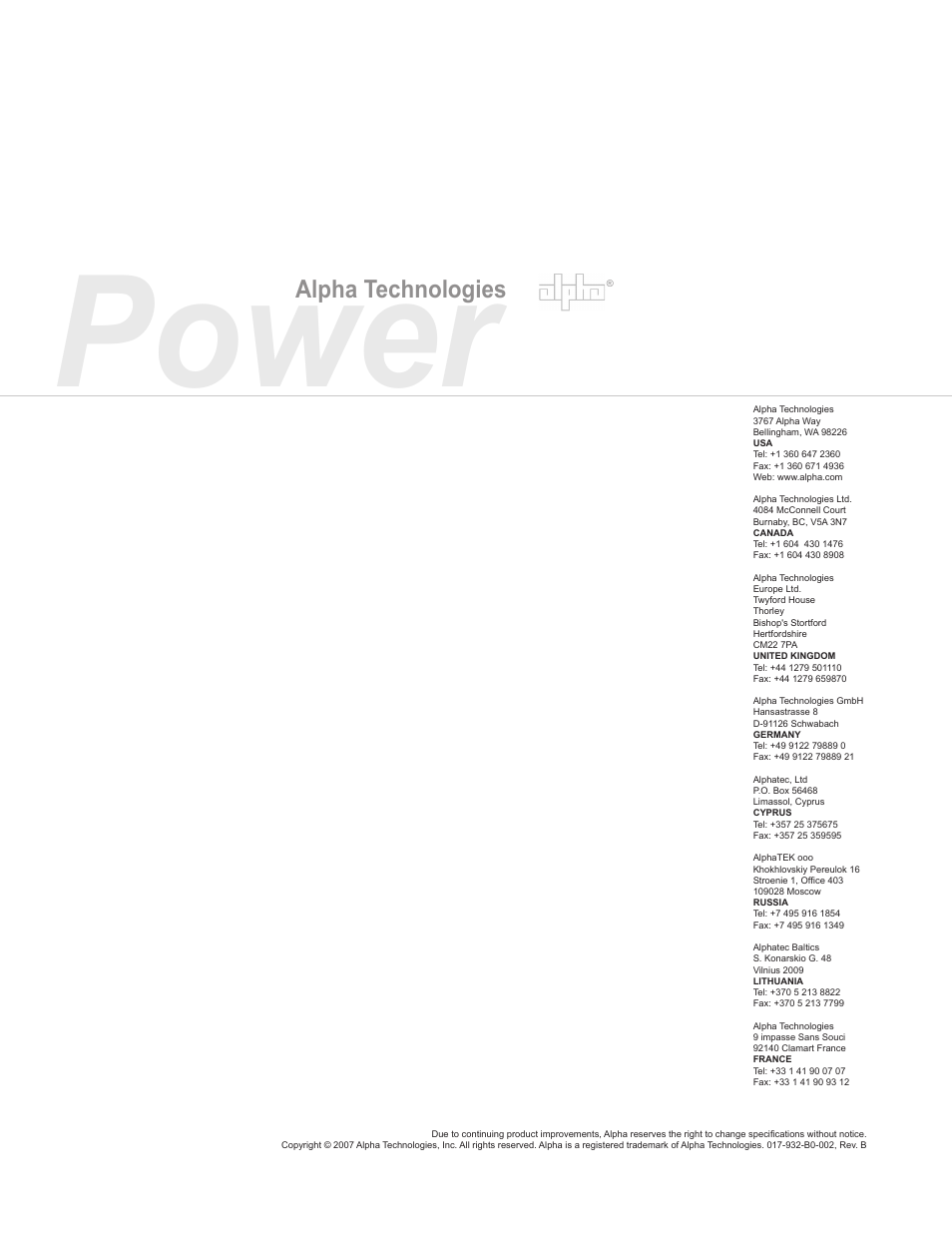 Power, Alpha technologies | Alpha Technologies GMX-915 User Manual | Page 61 / 61