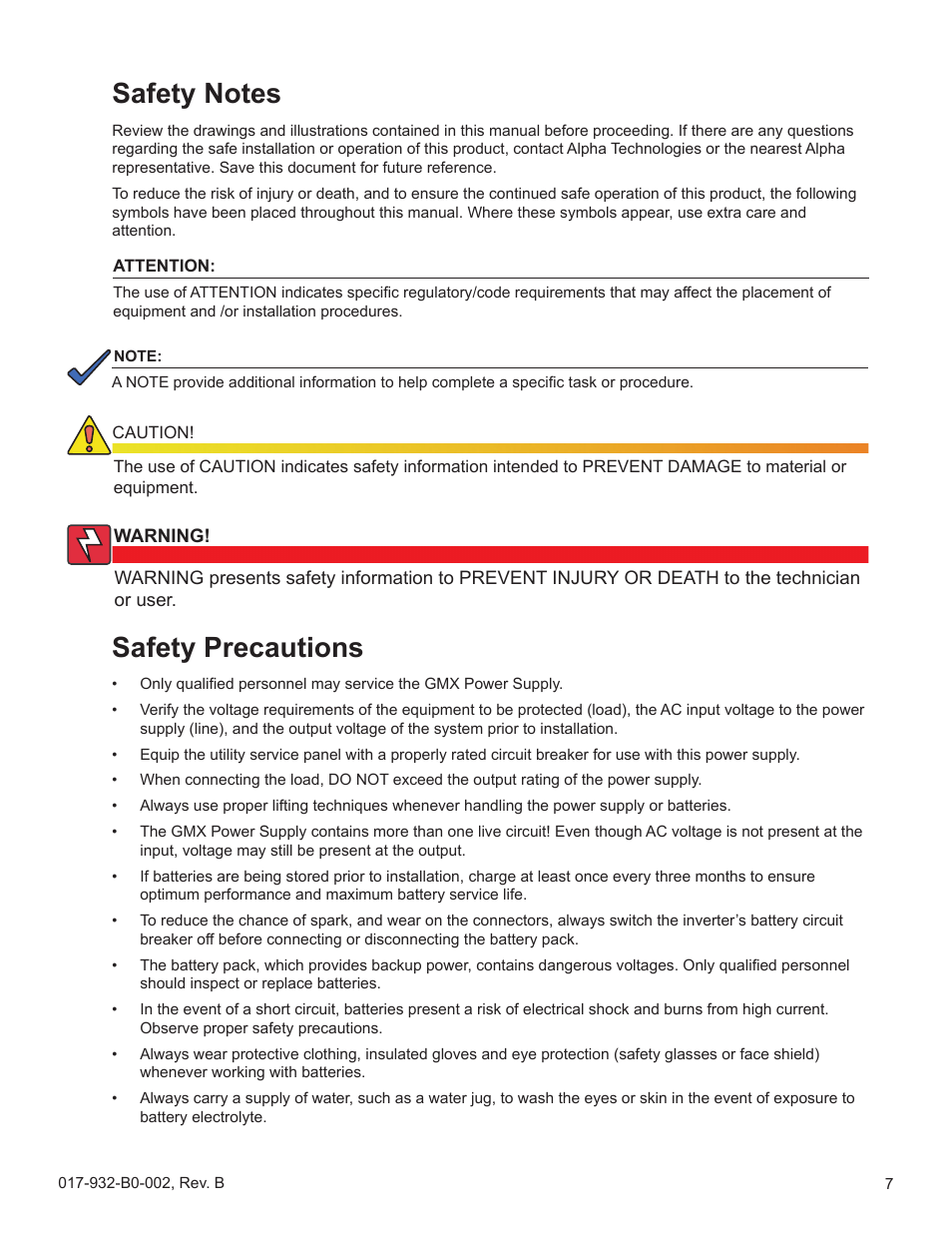 Safety notes, Safety precautions | Alpha Technologies GMX-915 User Manual | Page 7 / 61