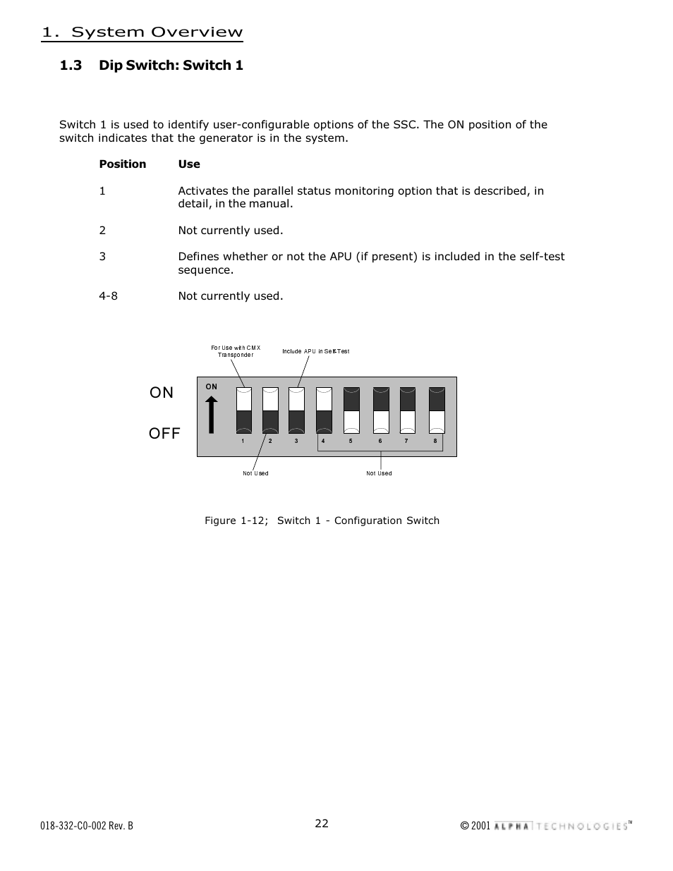 System overview, 3 dip switch: switch 1 | Alpha Technologies Serial System Controller User Manual | Page 22 / 30