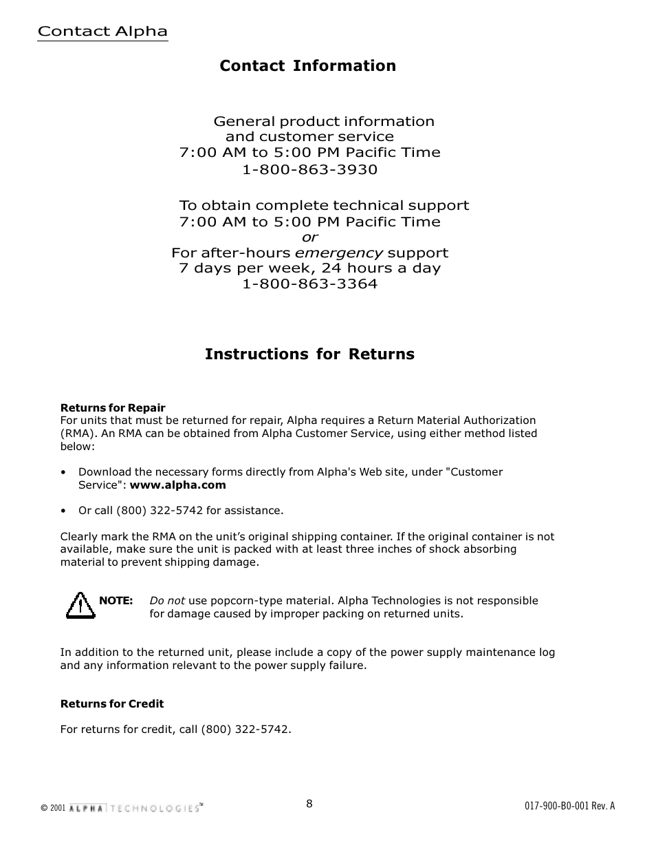 Contact information, Instructions for returns | Alpha Technologies Serial System Controller User Manual | Page 8 / 30