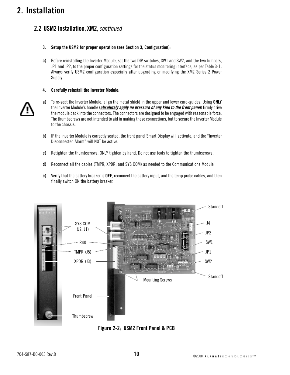 Figure 2-2; usm2 front panel & pcb, Installation, Continued | 2 usm2 installation, xm2 | Alpha Technologies USM2 User Manual | Page 10 / 32