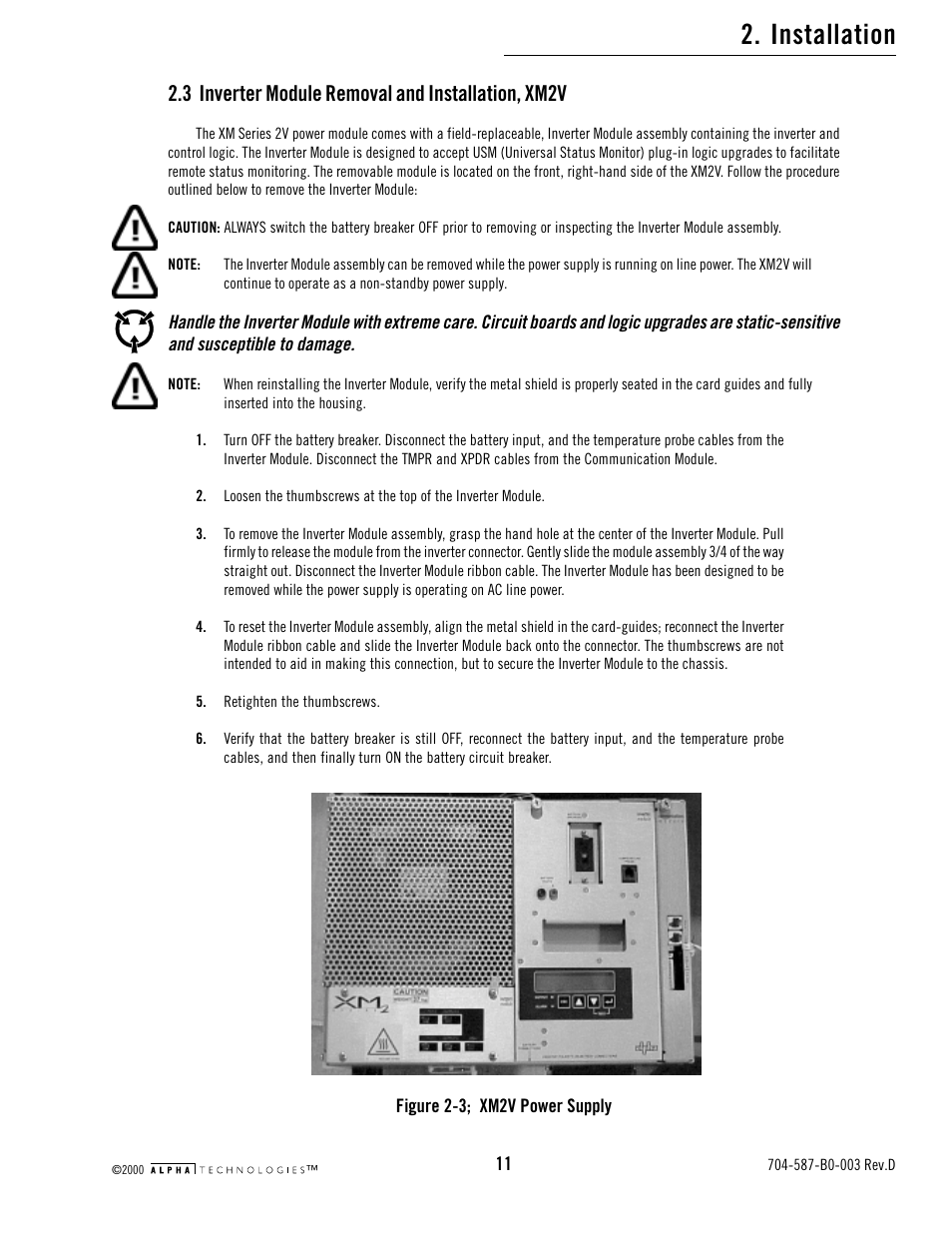 3 inverter module removal and installation, xm2v, Figure 2-3; xm2v power supply, Installation | Alpha Technologies USM2 User Manual | Page 11 / 32